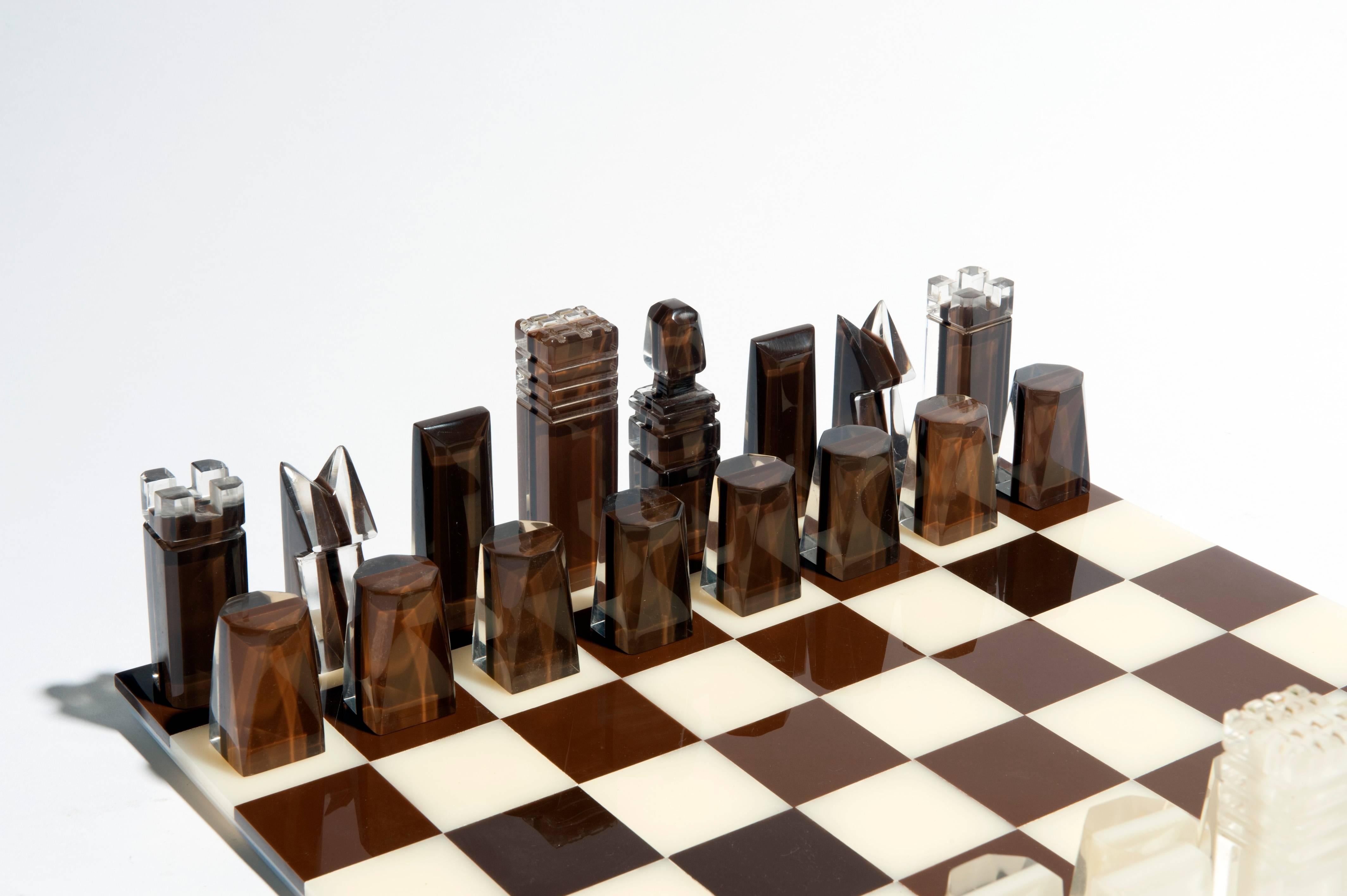 Late 20th Century Modern Lucite Chess Set in White Brown and Clear Lucite