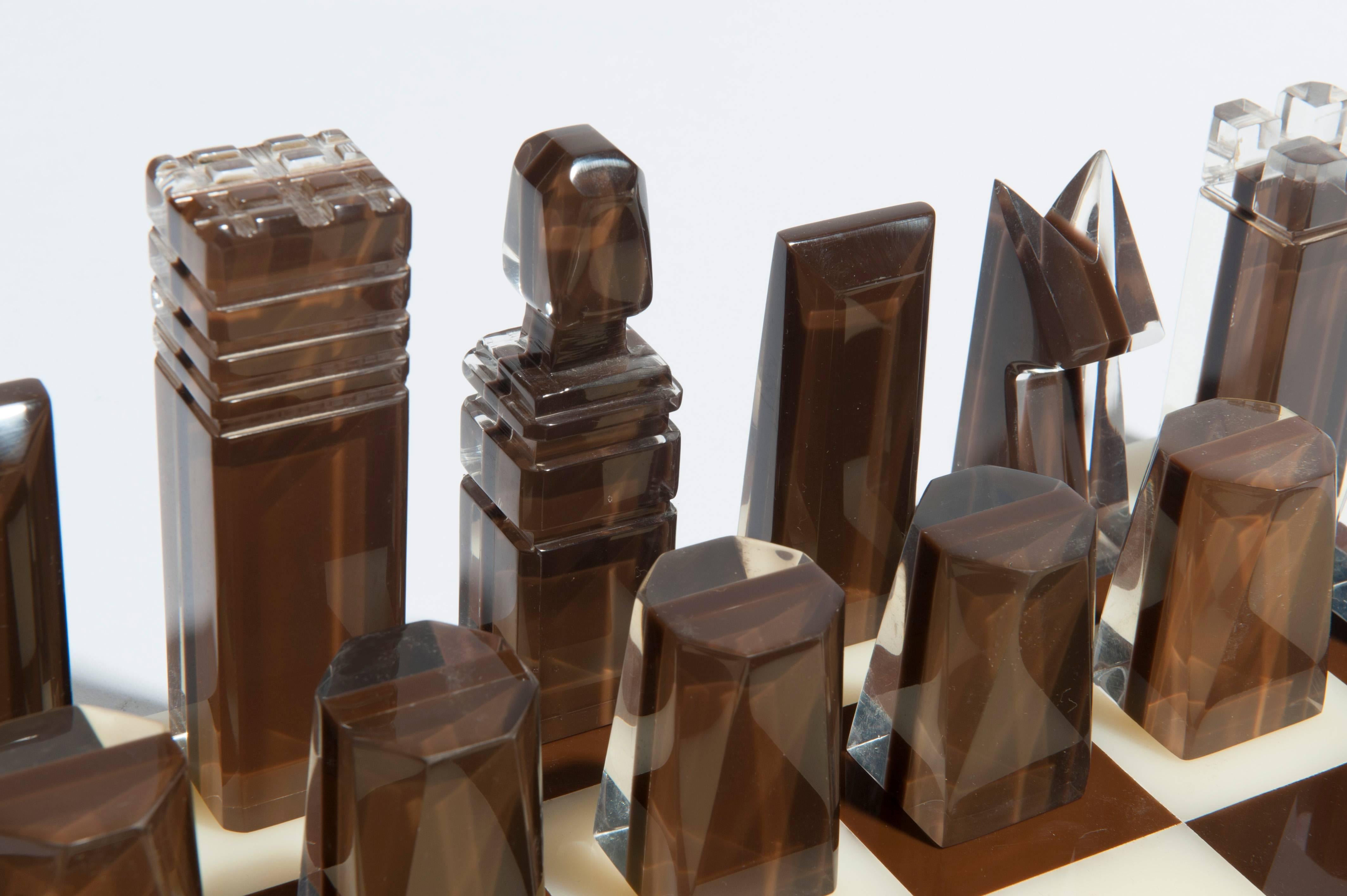 Modern Lucite Chess Set in White Brown and Clear Lucite 3