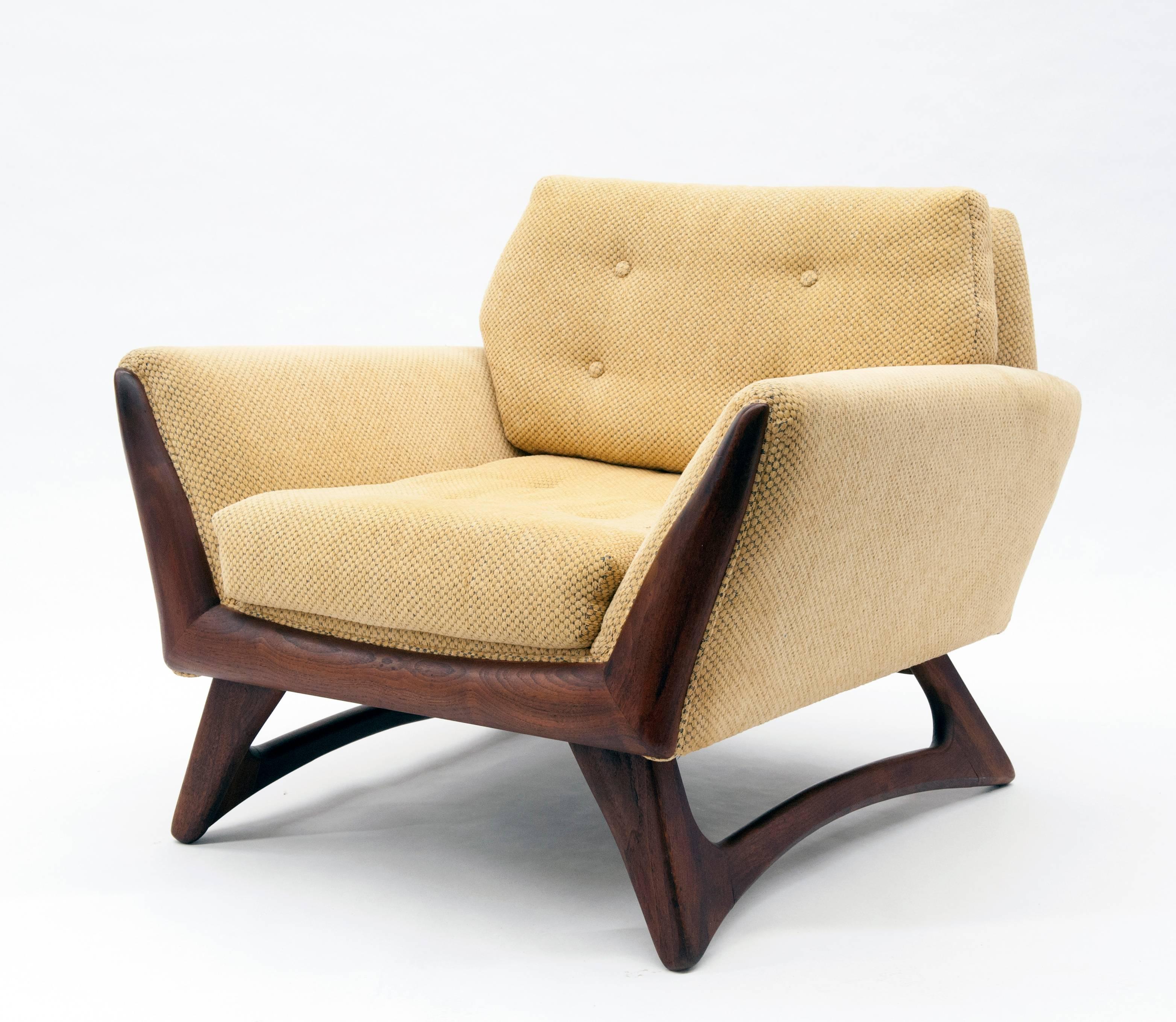 Hard to find Adrian Pearsall lounge chair with sculptural wood base and trim. Chair is very solid and comfortable and looks great from every direction. This is an original Pearsall design and chair dates to 1965. Wood trim and base is in excellent