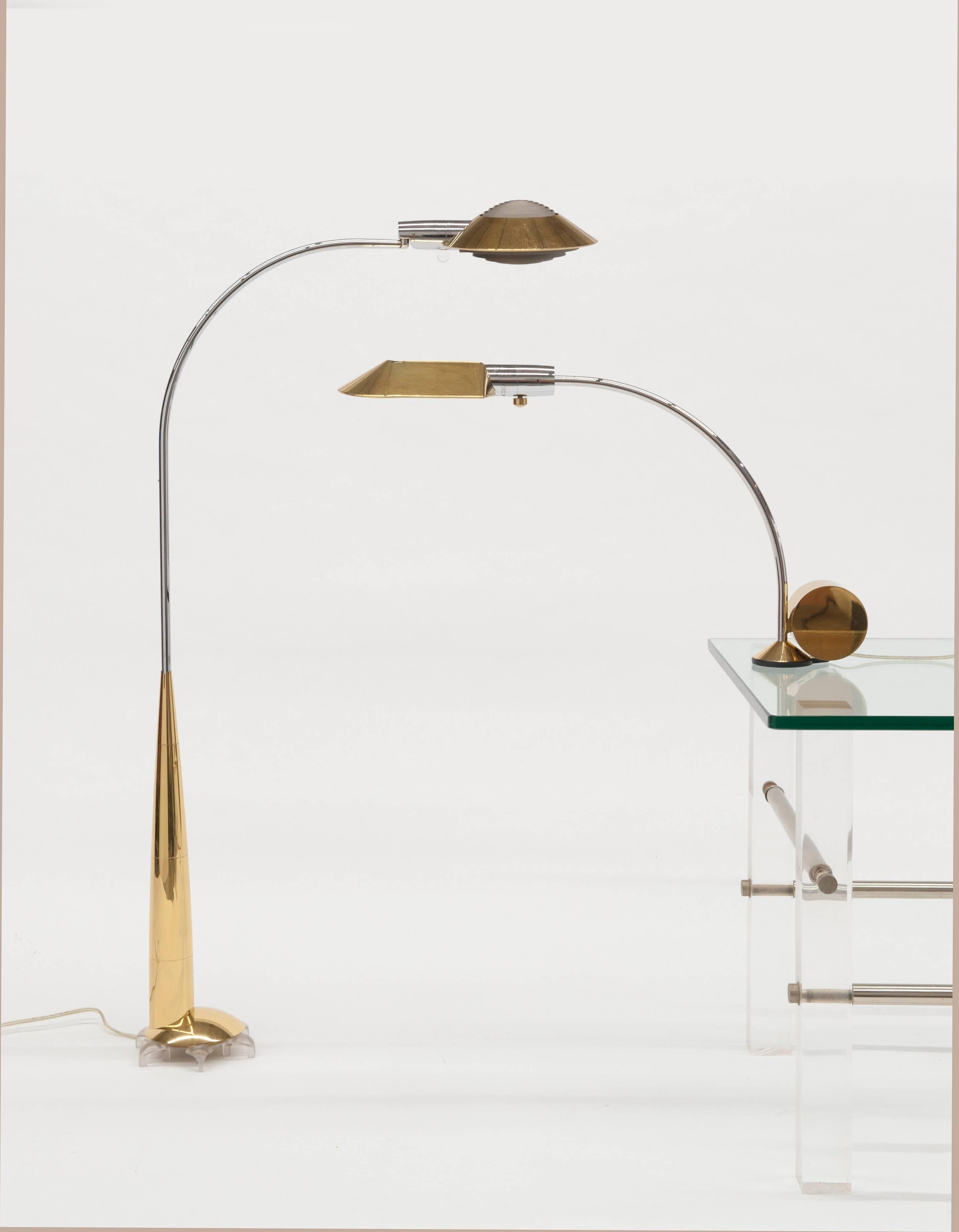 Exceptional brass and chrome table lamp by Cedric Hartman. Brass counter weight allows for fluid 360 degree movement. Shade is fully adjustable. Lamp is a pleasure to use.