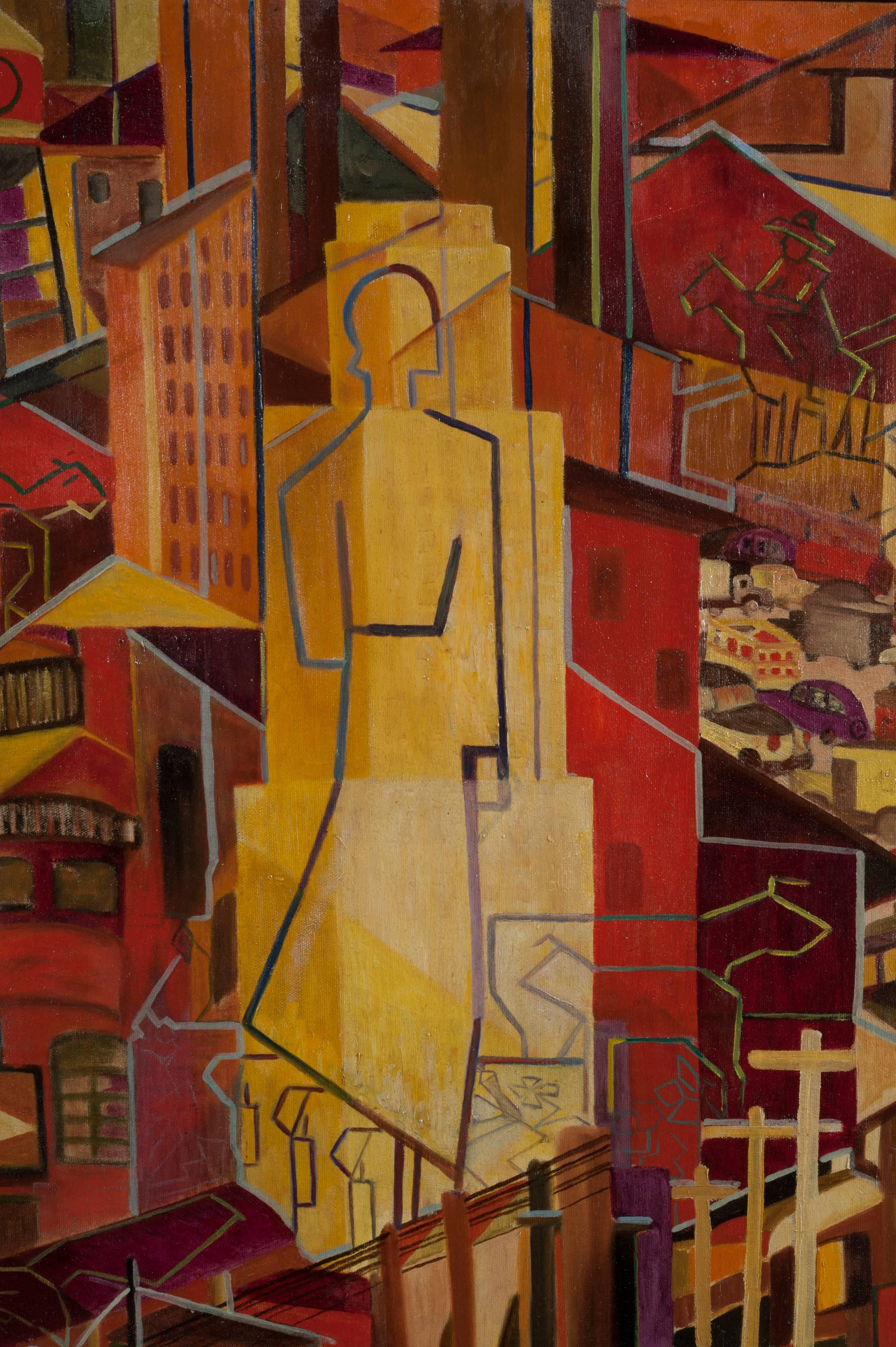 Art Deco WPA Cubist City Scene Oil Painting Outsider Art