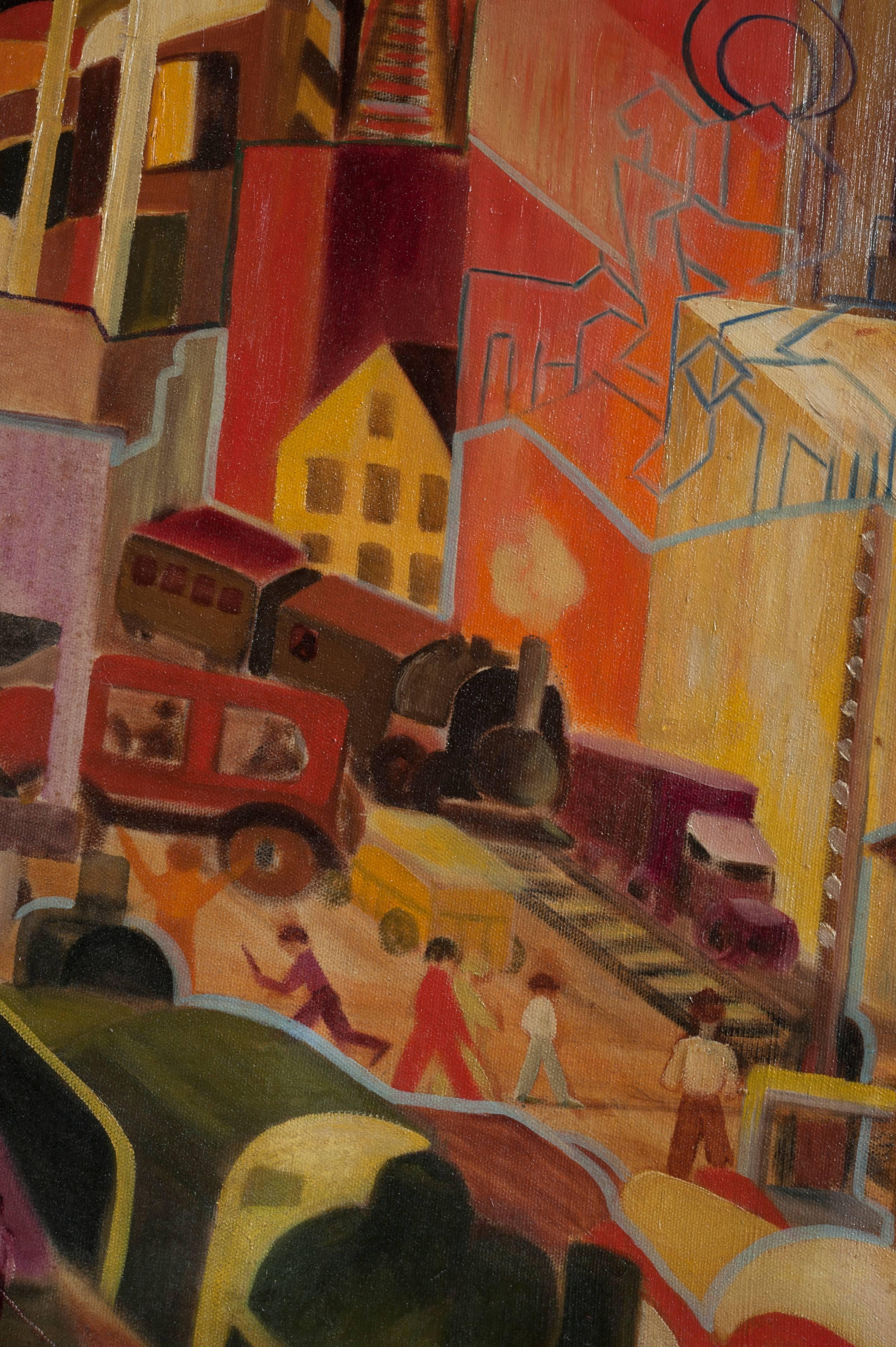 WPA Cubist City Scene Oil Painting Outsider Art In Excellent Condition In Washington, DC