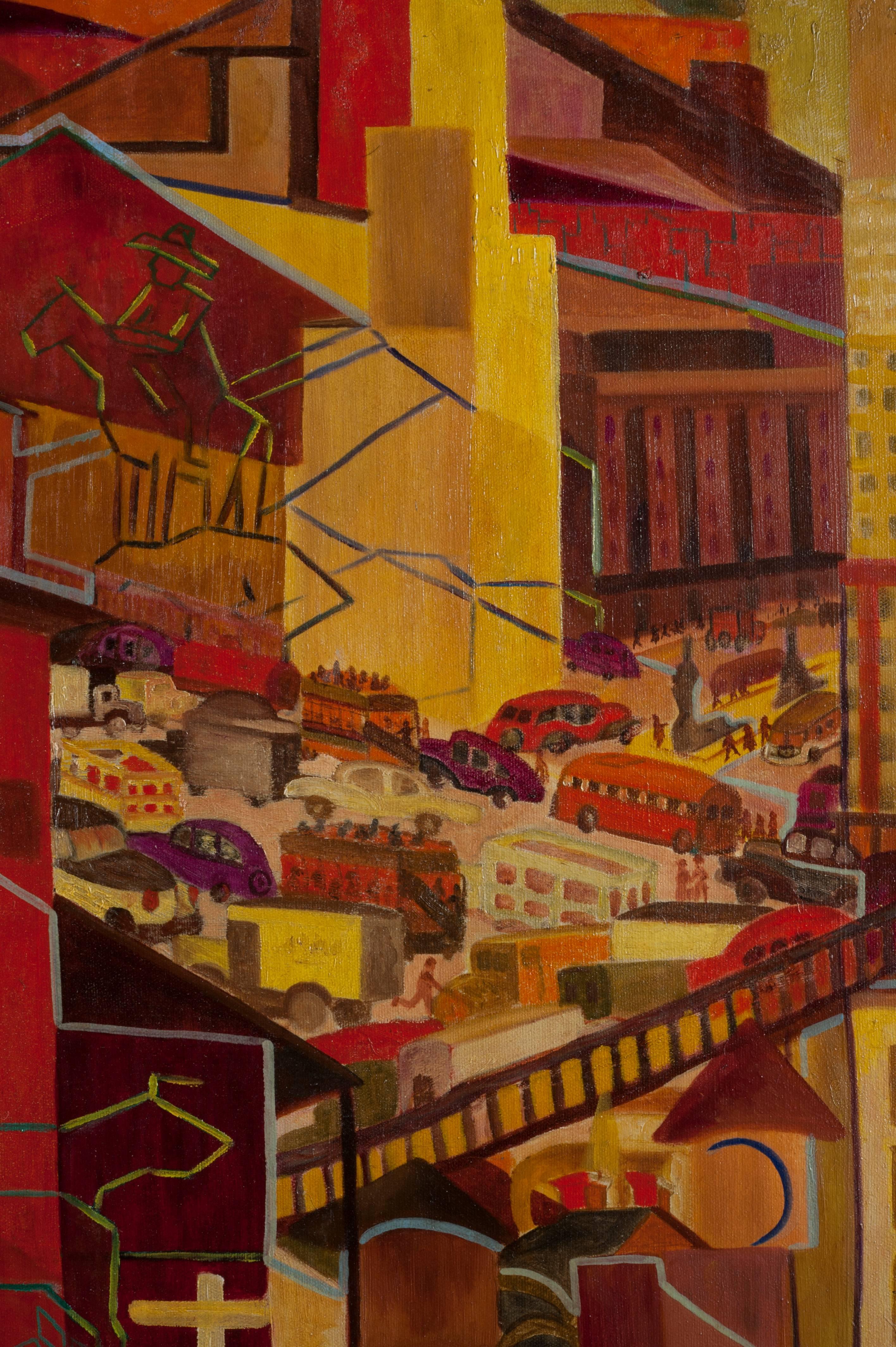 North American WPA Cubist City Scene Oil Painting Outsider Art