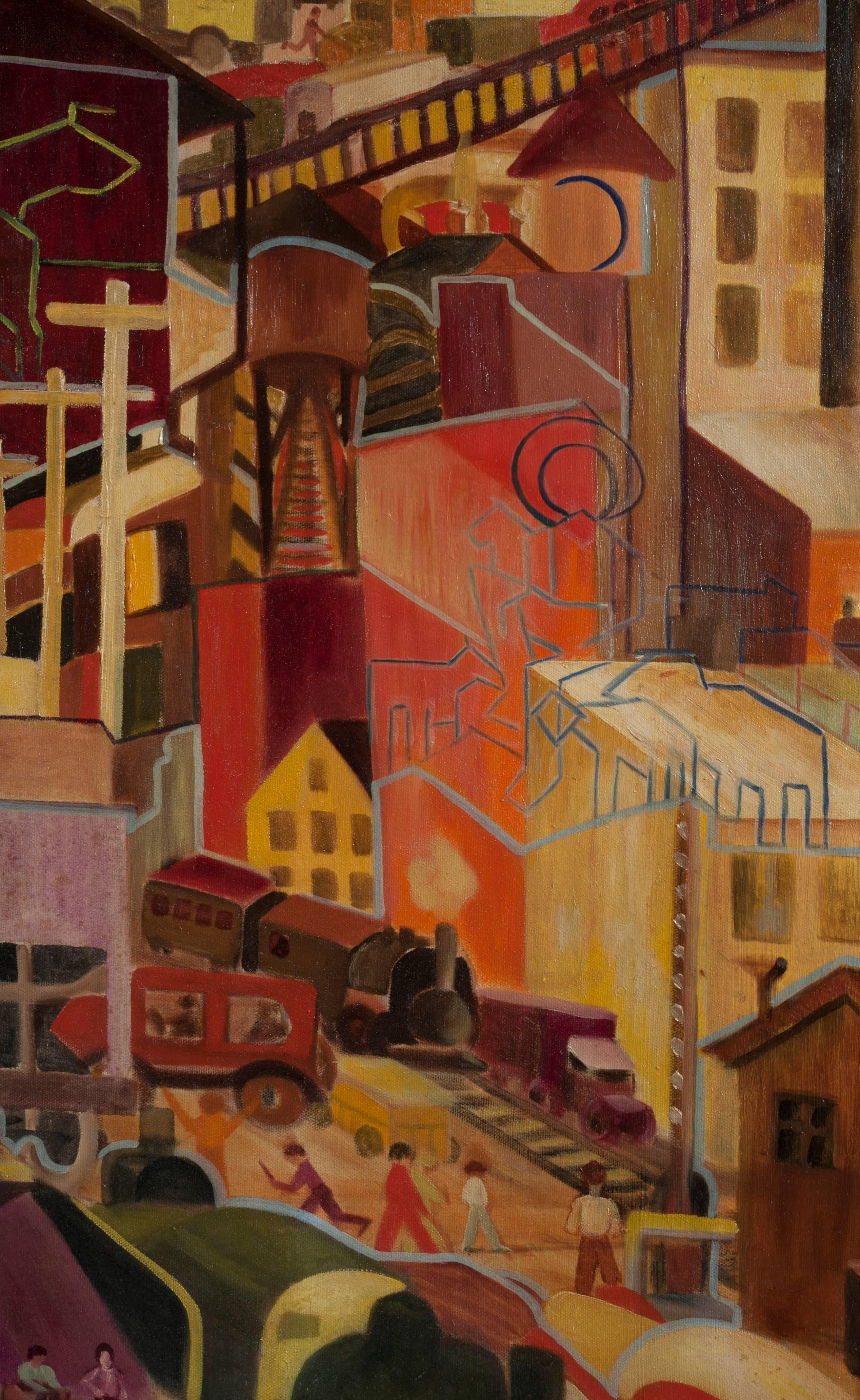 Mid-20th Century WPA Cubist City Scene Oil Painting Outsider Art