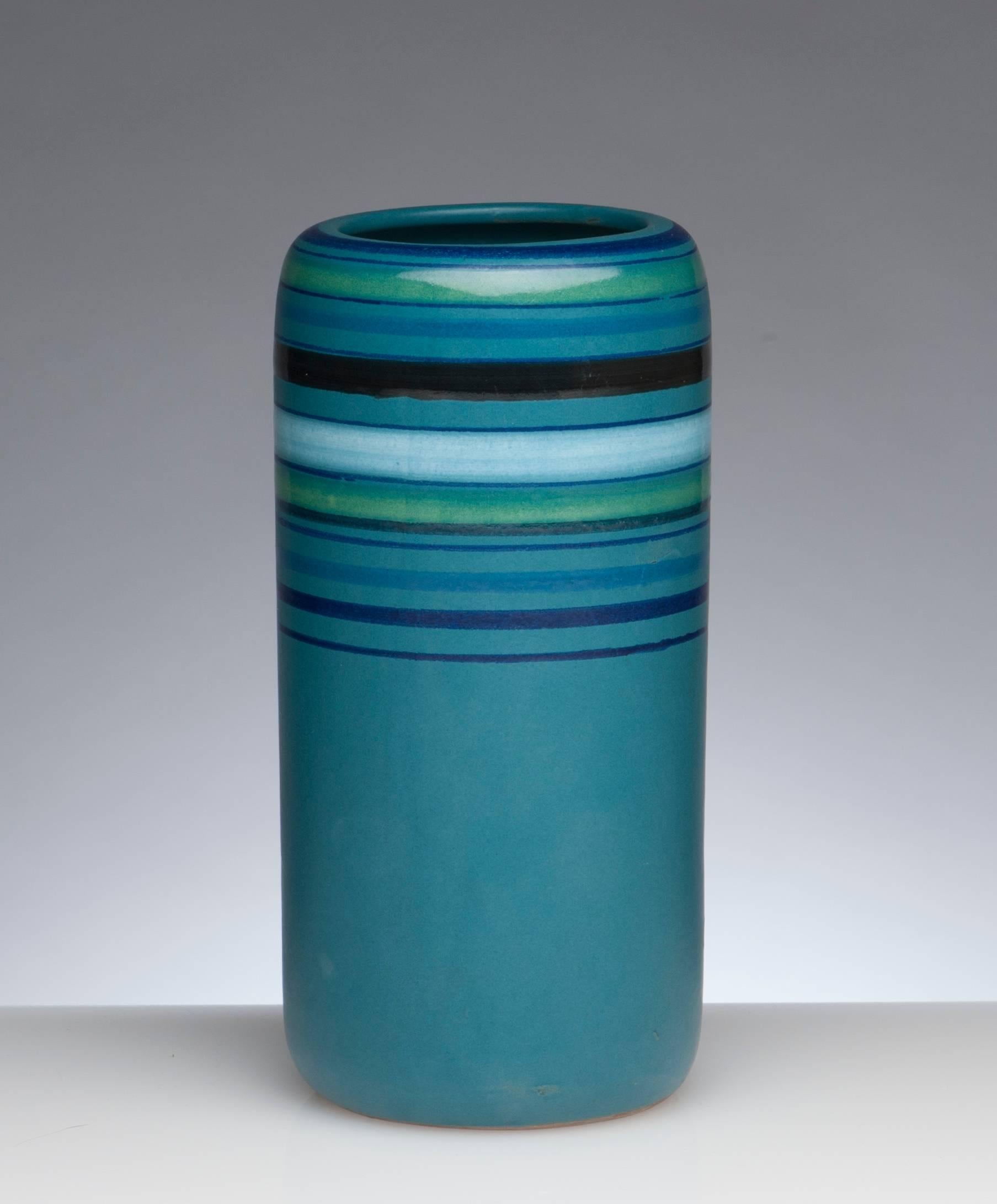 Mid-Century Modern Vintage Bitossi for Rosenthal Netter Blue Stripped Modern Pottery Vase, Italy