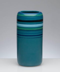Vintage Bitossi for Rosenthal Netter Blue Stripped Modern Pottery Vase:: Italy