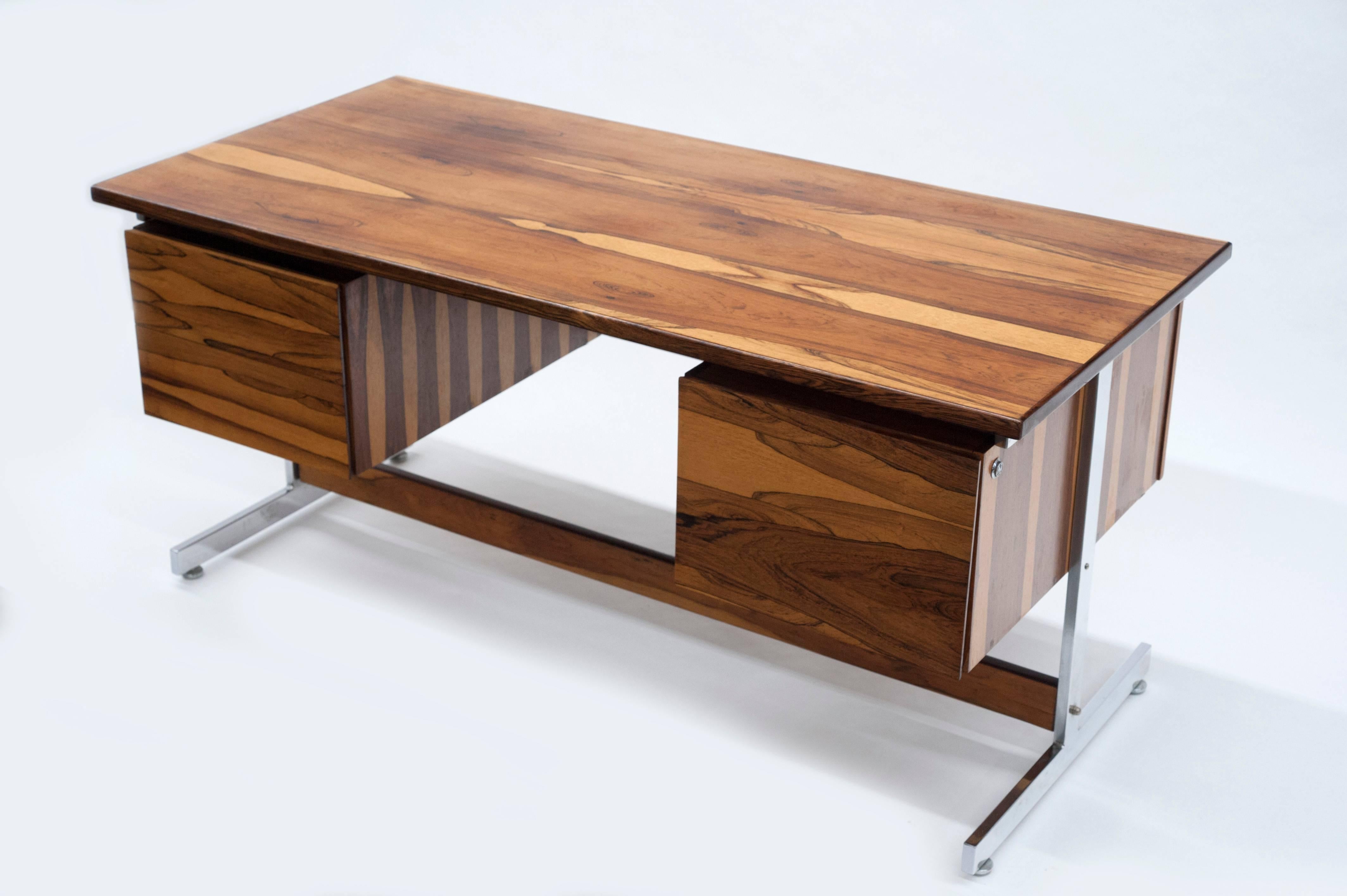 South American Brazilian Modern Rosewood and Chrome Desk  2