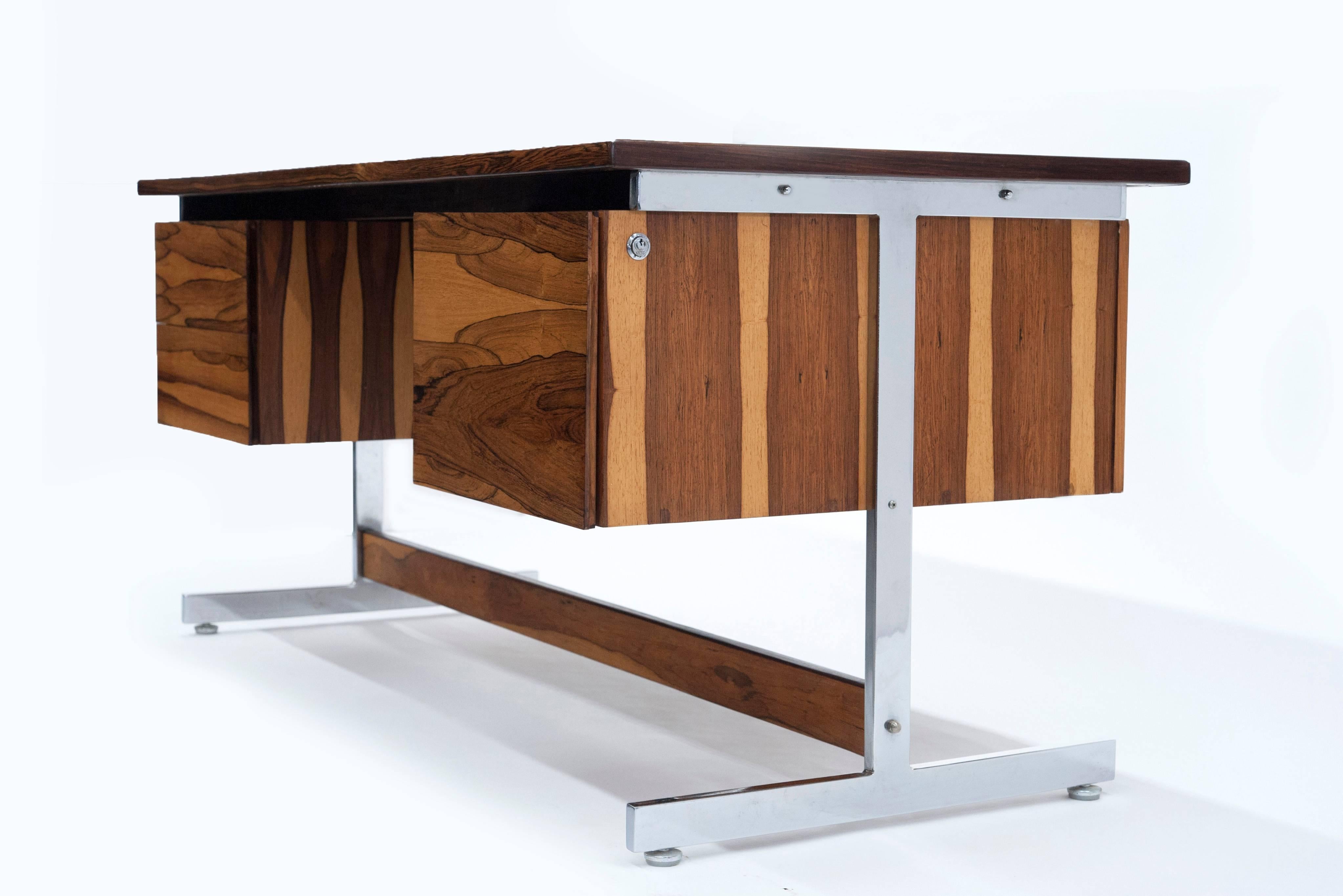 South American Brazilian Modern Rosewood and Chrome Desk  1