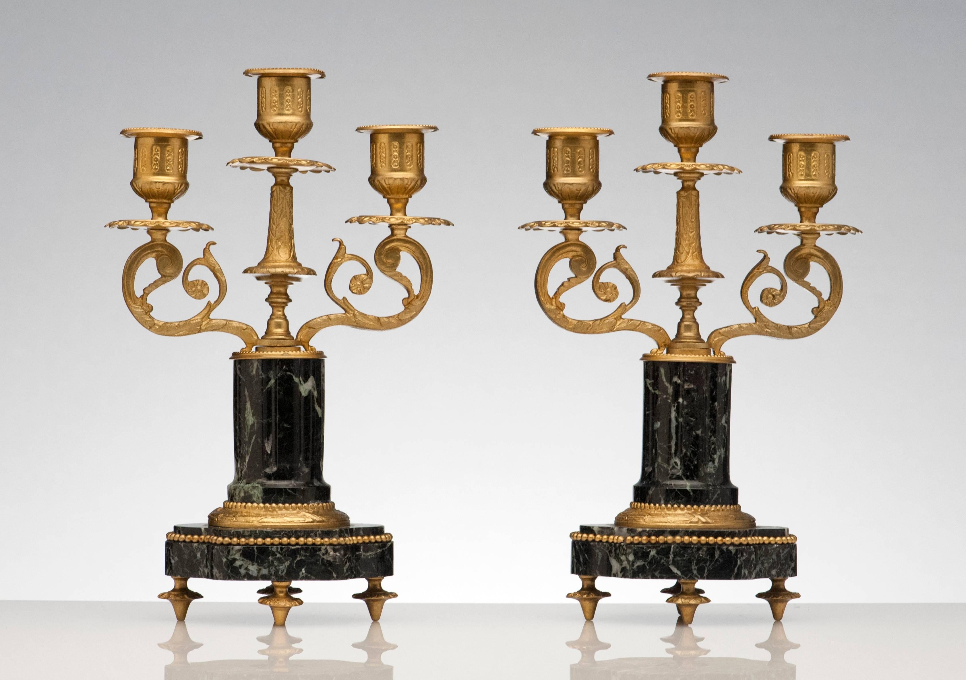 Beaux Arts French Antique Pair of Marble and Bronze Candelabra