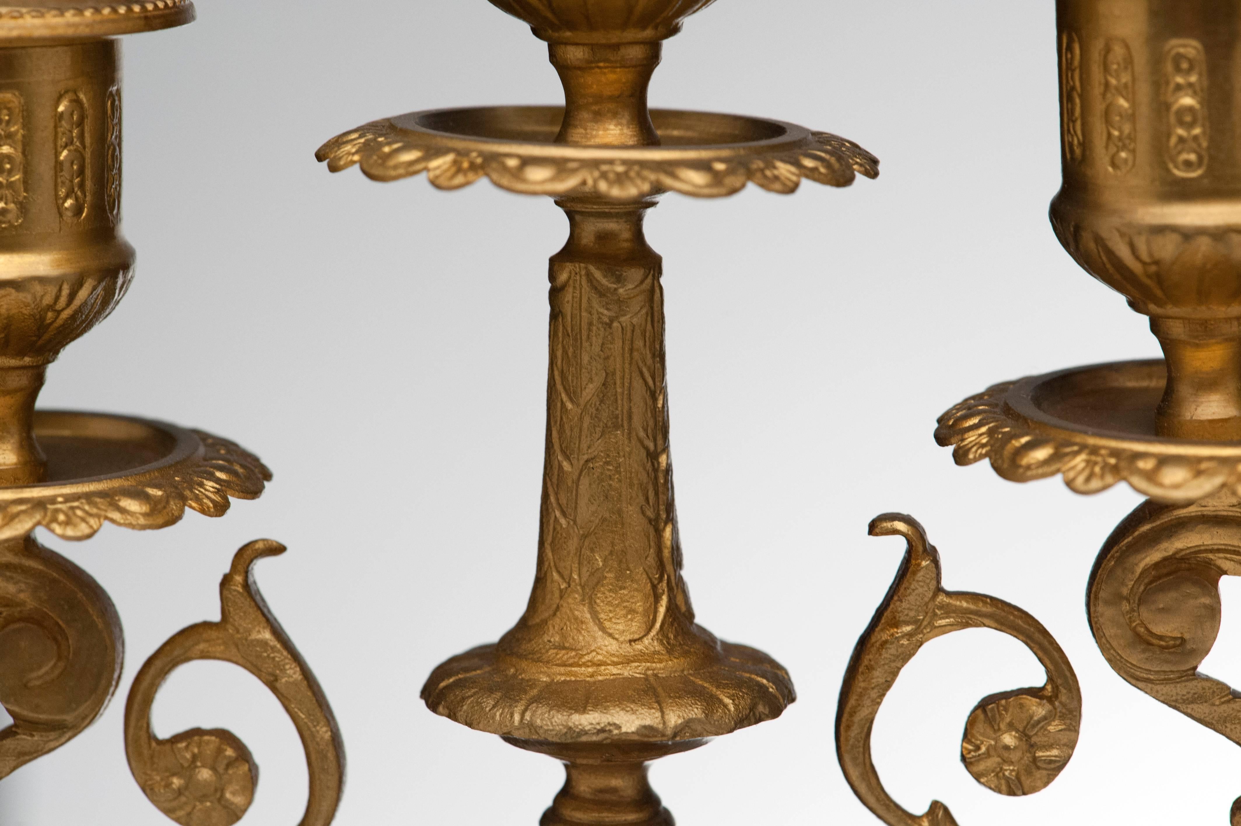 Brass French Antique Pair of Marble and Bronze Candelabra