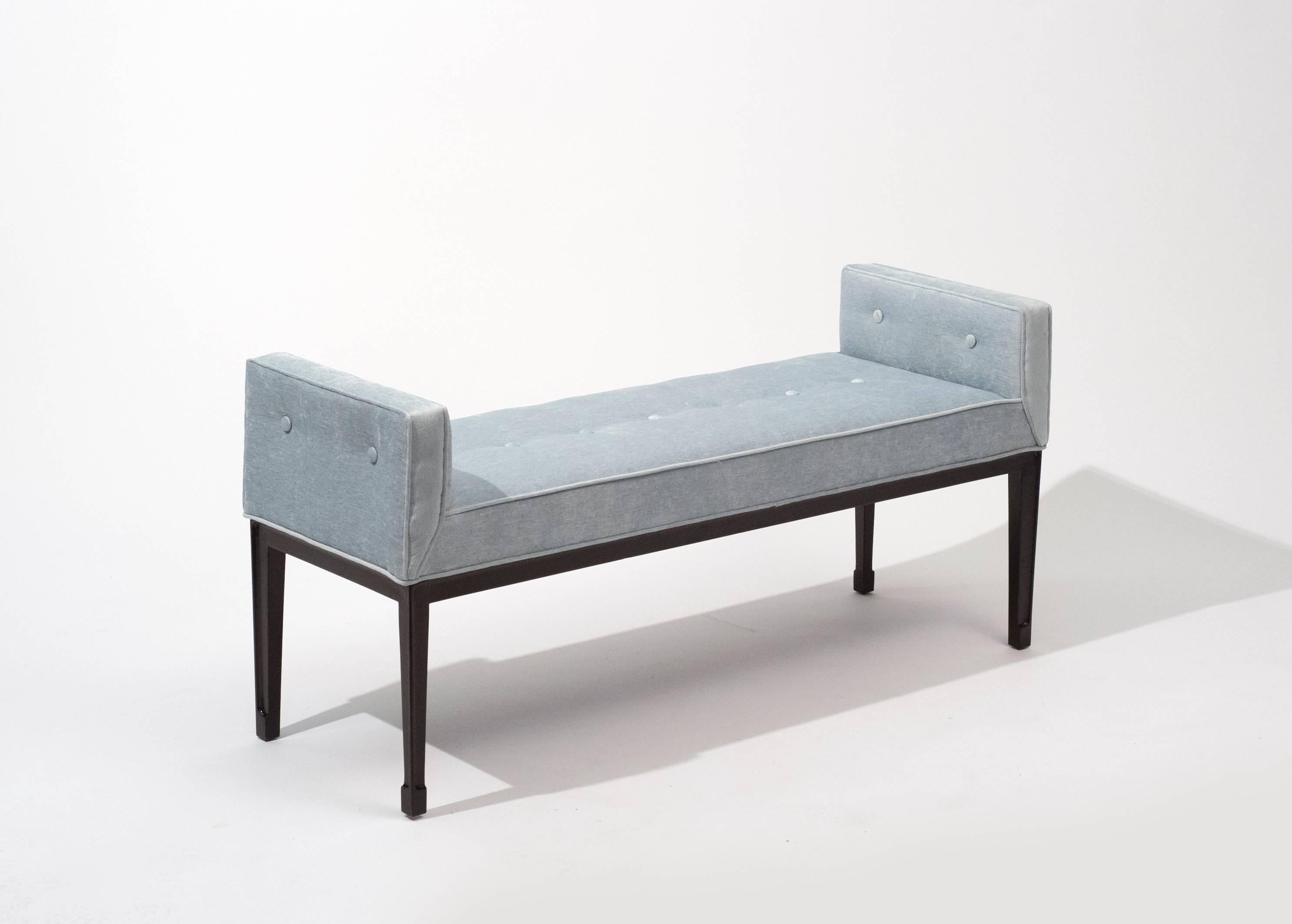 Attractive, well constructed, modern bench from the 1950s. Bench has been professionally refinished and re-upholstered in fine chenille 