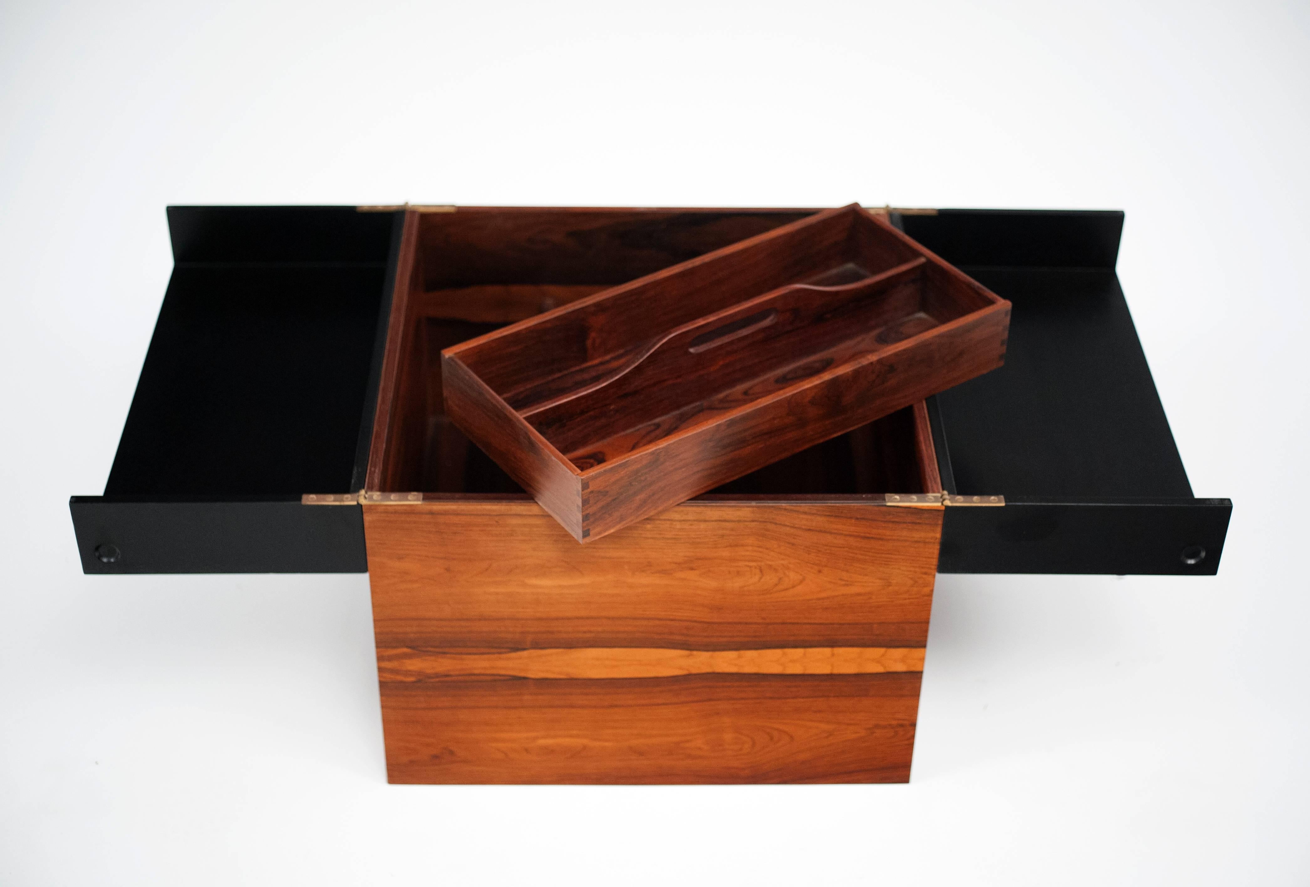 Brass Rosewood Record Holder Storage Cabinet by Gunnar Mystrand for Kallemo Sweden