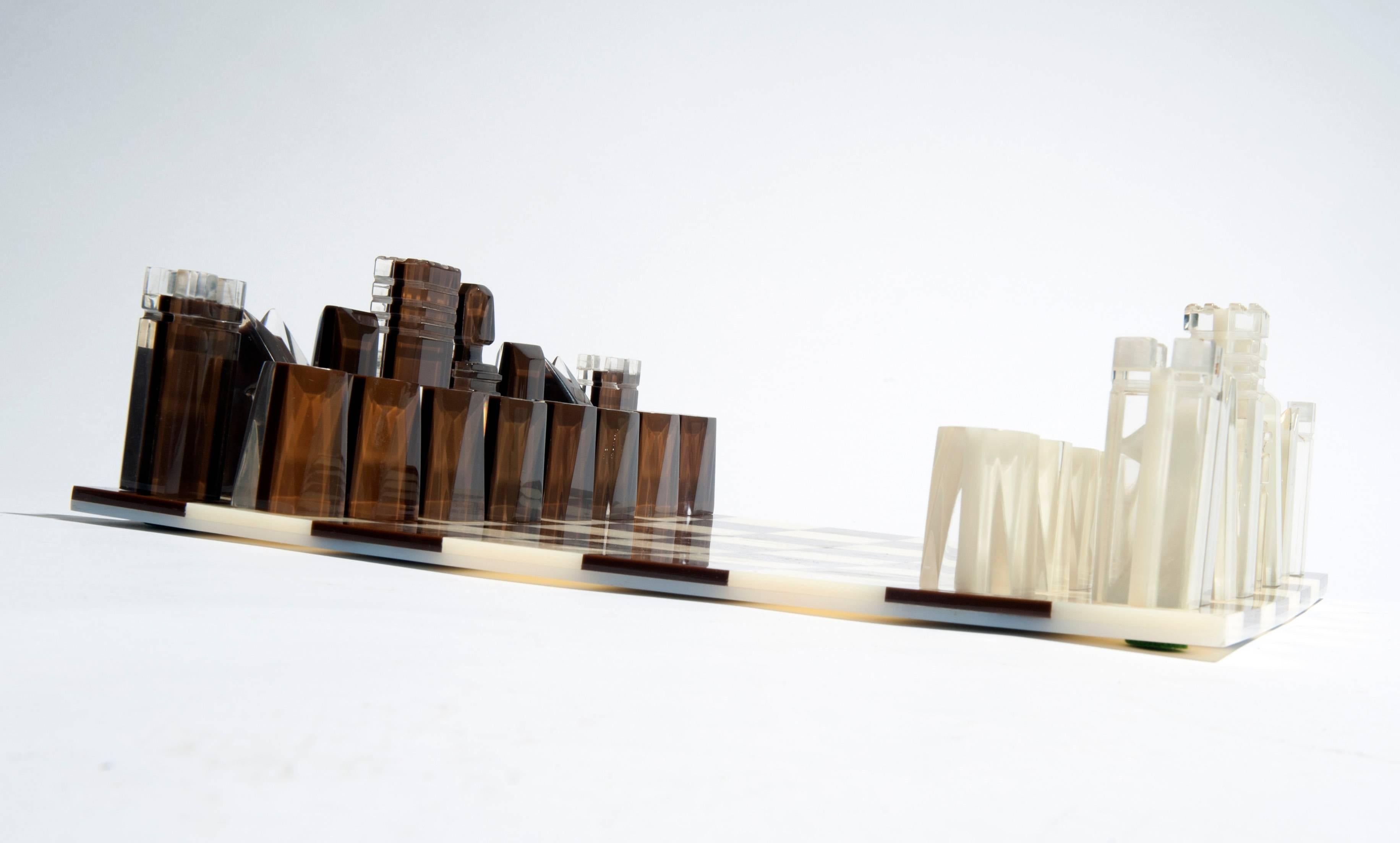 Modern Lucite Chess Set in White Brown and Clear Lucite 4