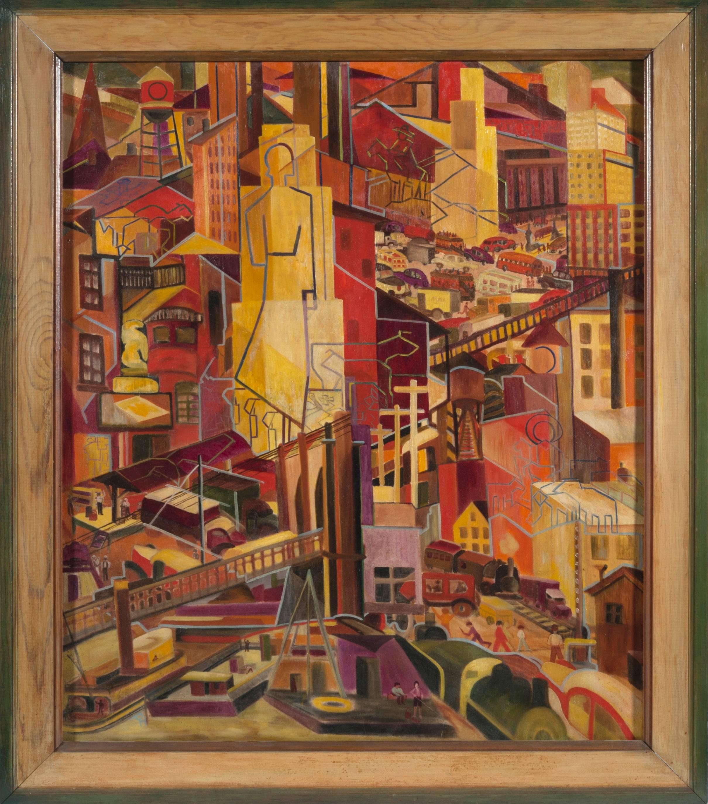 Large unique and striking city scene oil painting from the 1930s.  Painting combines many appealing urban scenes. Cubist in form with elements of outsider art.  Artist initials in lower left corner.  Measures 47 inches high x 41 inches wide with