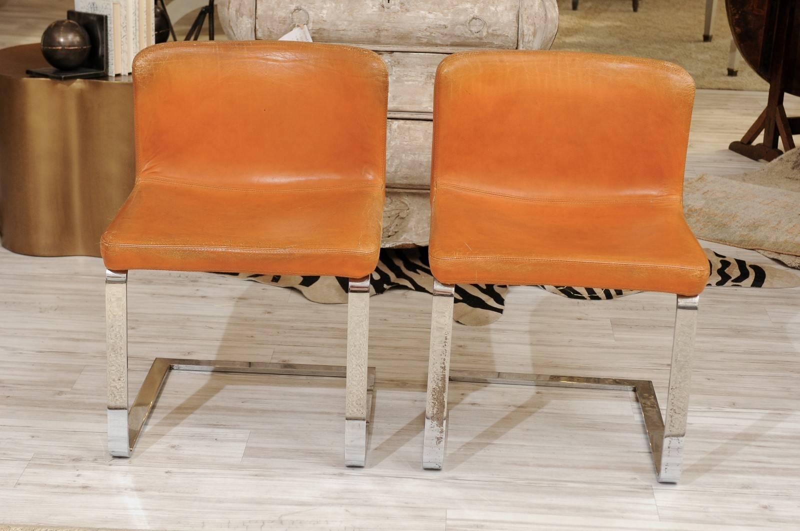 Pair of French Mid-Century Modern Leather and Chrome Accent Chairs 5