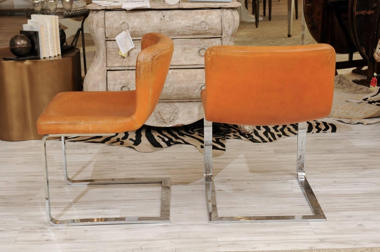 Pair of French Mid-Century Modern Leather and Chrome Accent Chairs 1