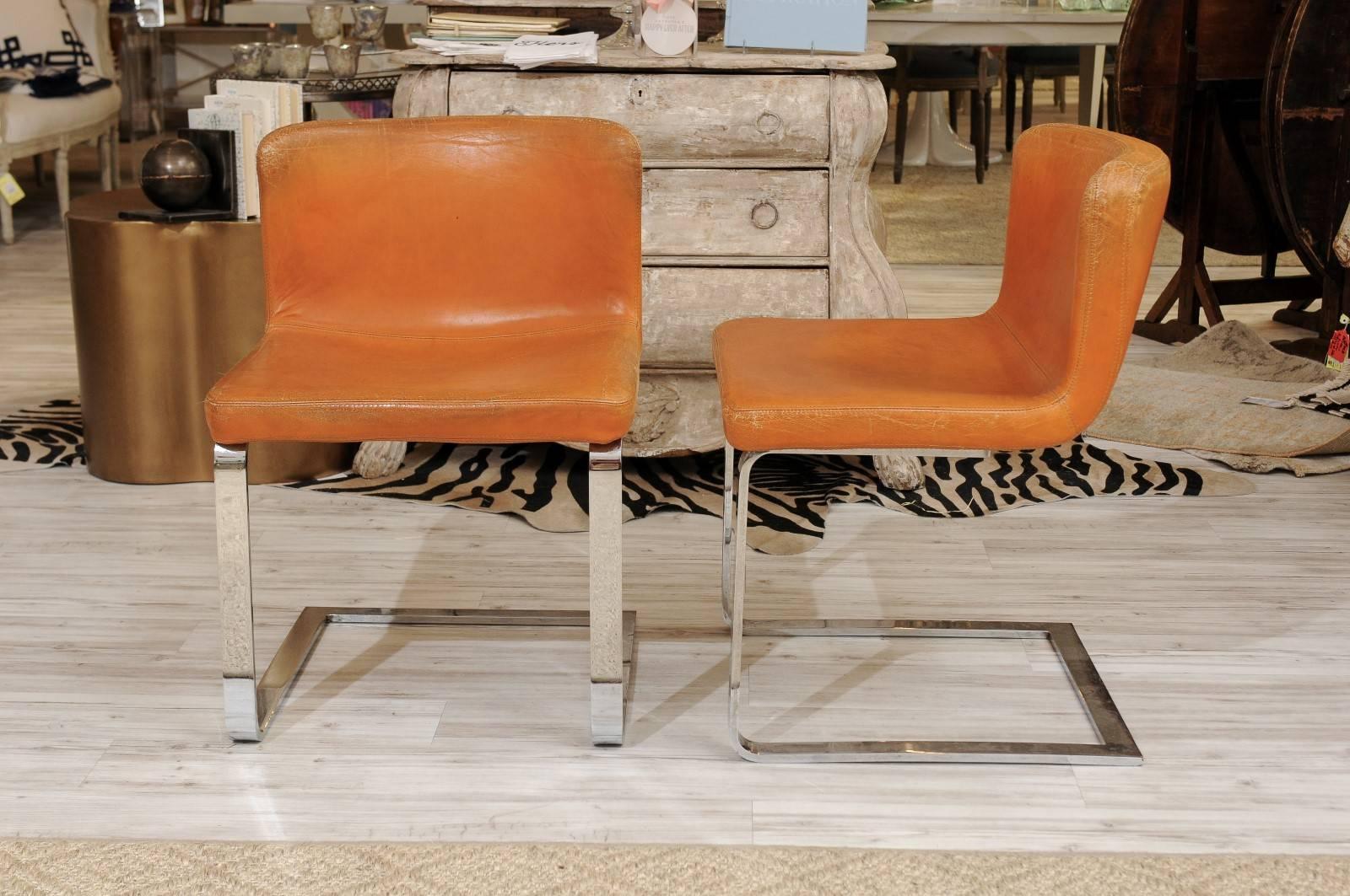 Pair of French Mid-Century Modern Leather and Chrome Accent Chairs 3