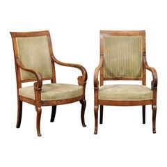 Pair of French Directoire Style Walnut Upholstered Fauteuils with Scrolled Arms