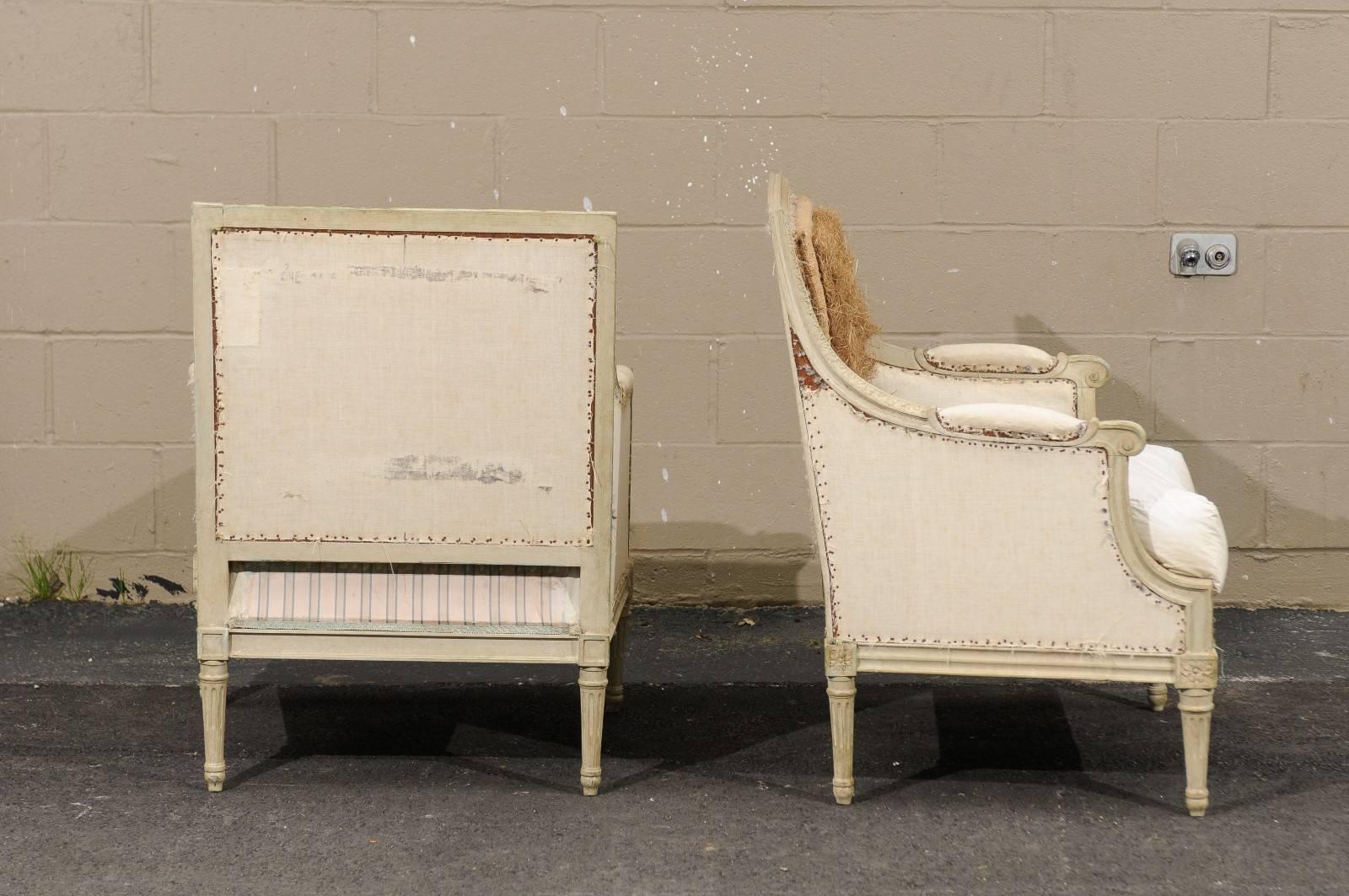 Pair of French Early 20th Century Painted Wood Louis XVI Style Bergère Chairs 4