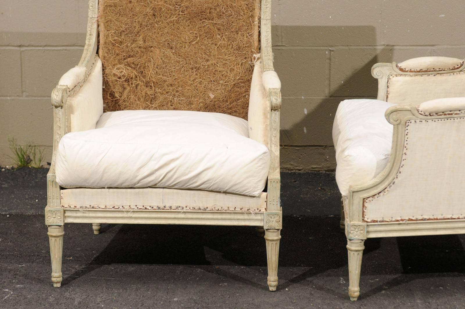 Pair of French Early 20th Century Painted Wood Louis XVI Style Bergère Chairs 6
