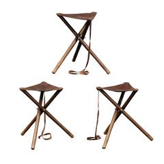 Three French Folding Wooden Stools with Brown Leather Seats and Tripod Base