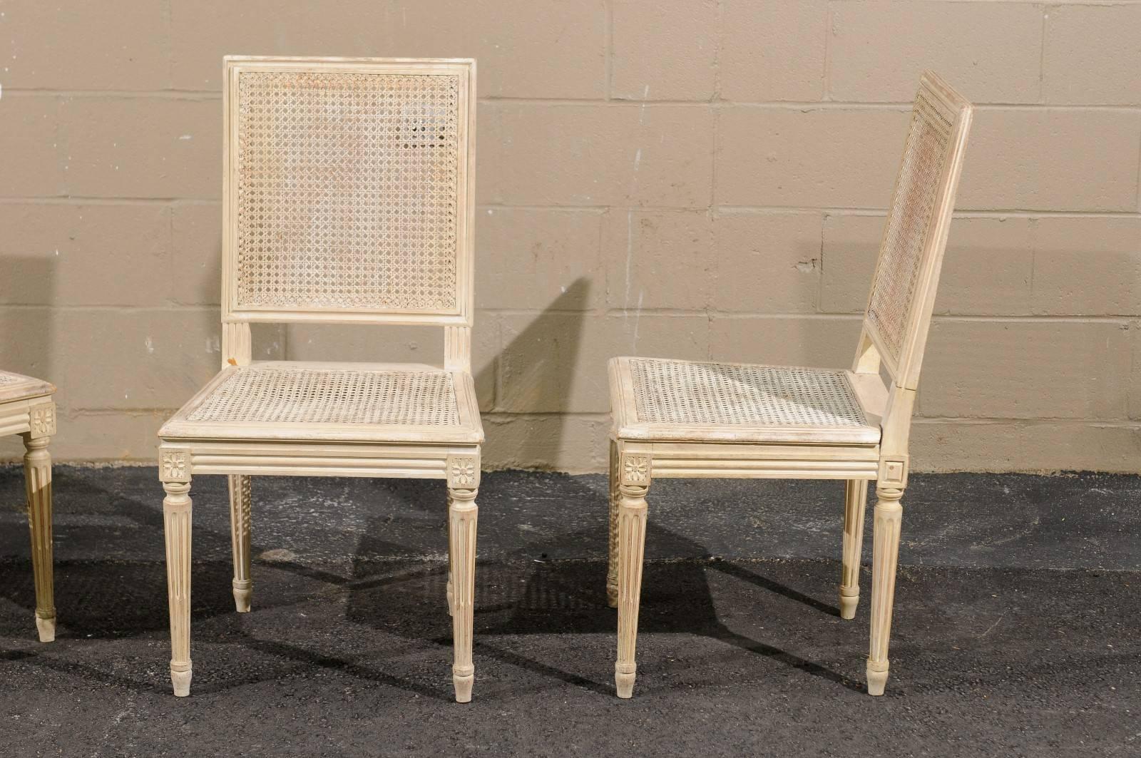 Set of Four French Louis XVI Style Painted Wood and Cane Dining Chairs, 1970s 3