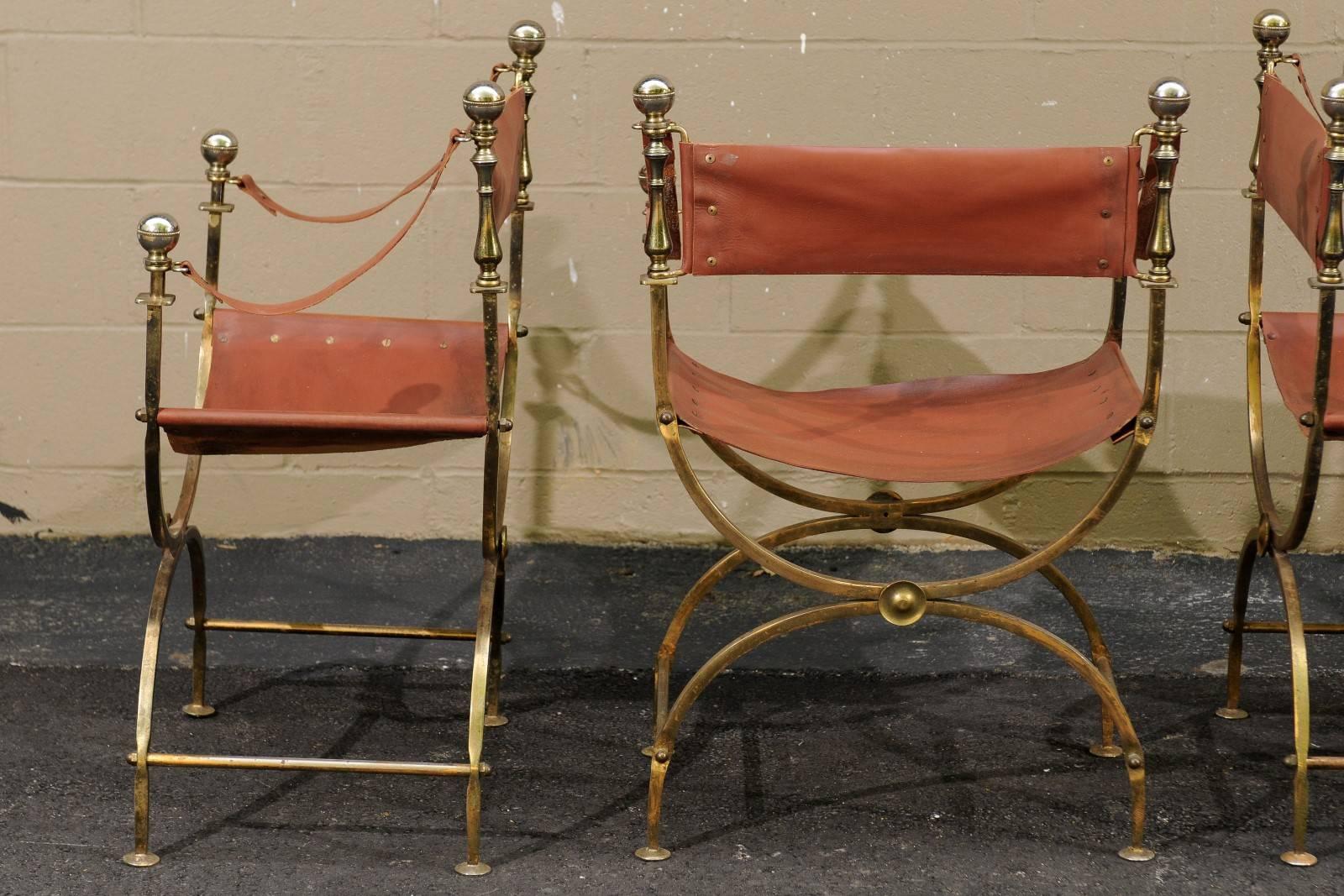 20th Century Single French Regency Campaign Curule Leather and Brass Chair from the 1940s For Sale