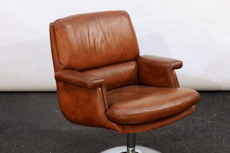 MidCentury French Caramel Leather Armchair with Aluminium Tulip Base