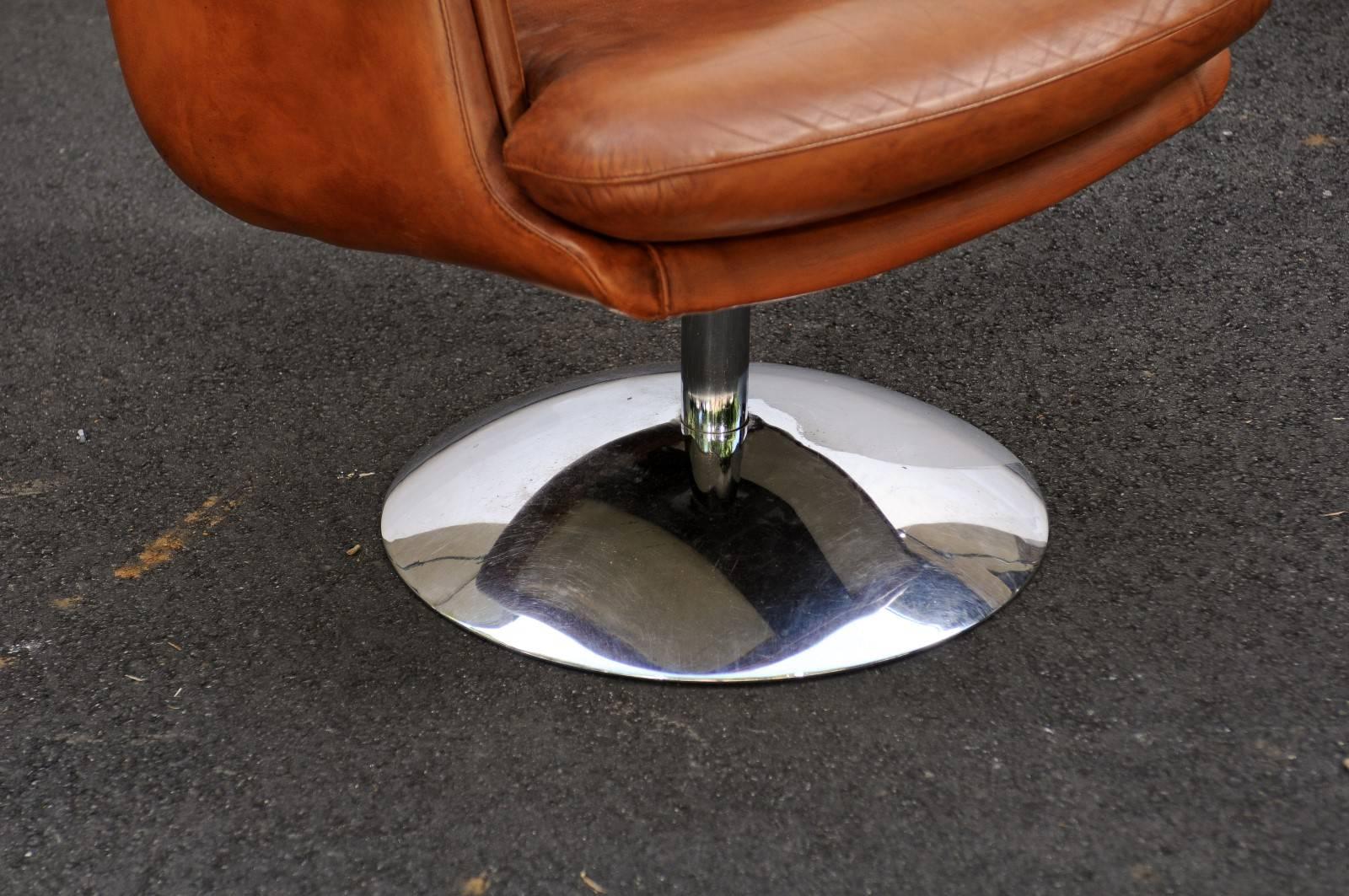 Mid-Century French Caramel Leather Armchair with Aluminium Tulip Base 2