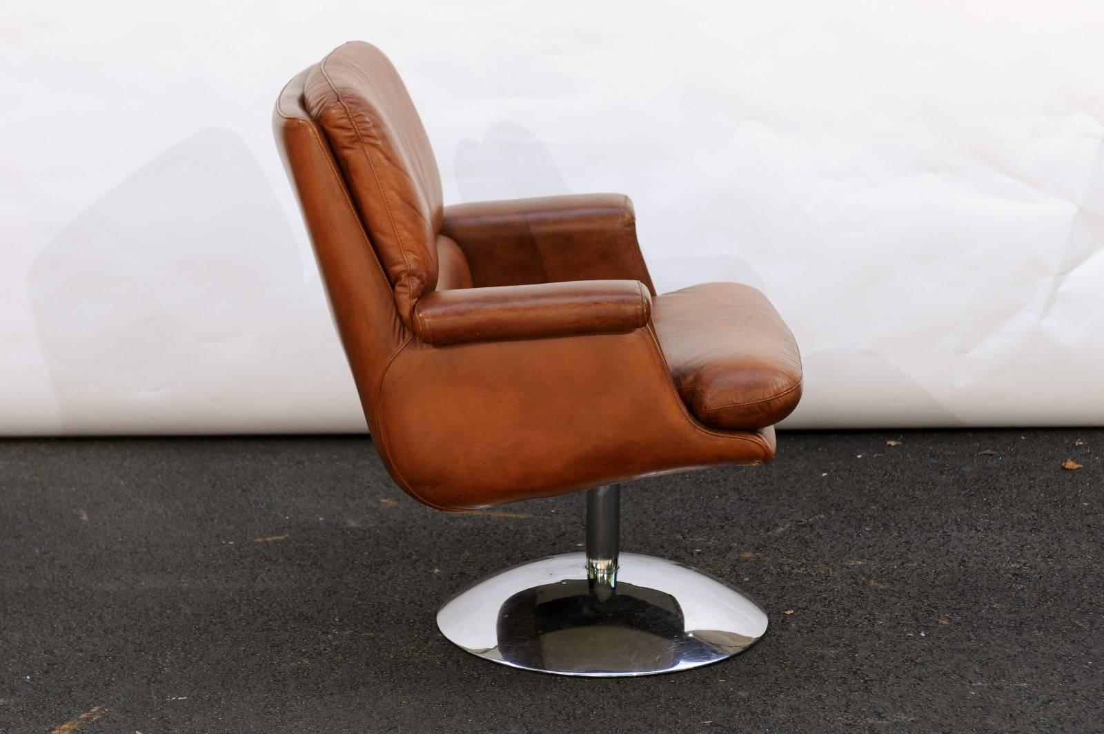 Metal Mid-Century French Caramel Leather Armchair with Aluminium Tulip Base