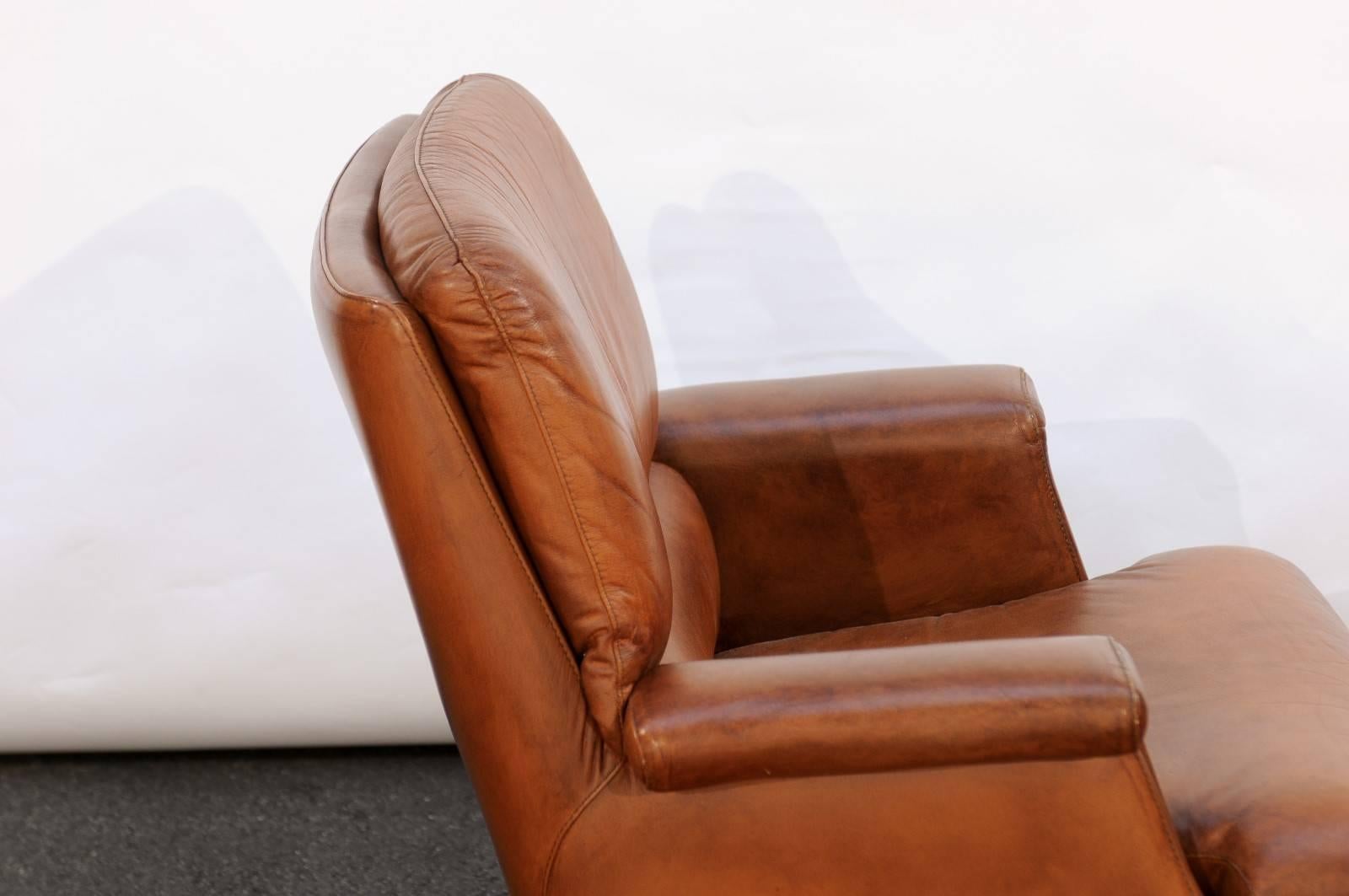 Mid-Century French Caramel Leather Armchair with Aluminium Tulip Base 1