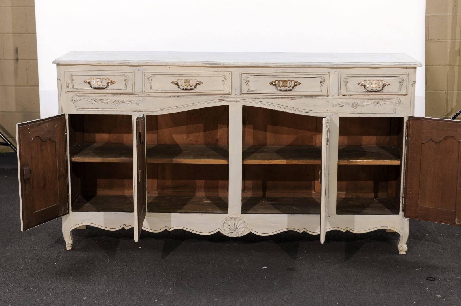 French Louis XV Style Painted Oak Buffet from Normandy, Four Doors and Drawers 1
