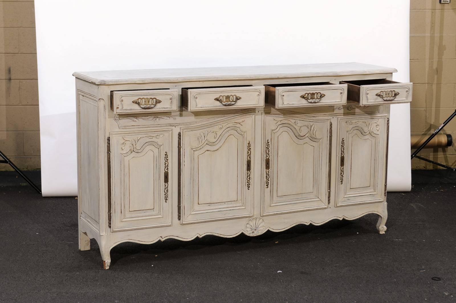20th Century French Louis XV Style Painted Oak Buffet from Normandy, Four Doors and Drawers