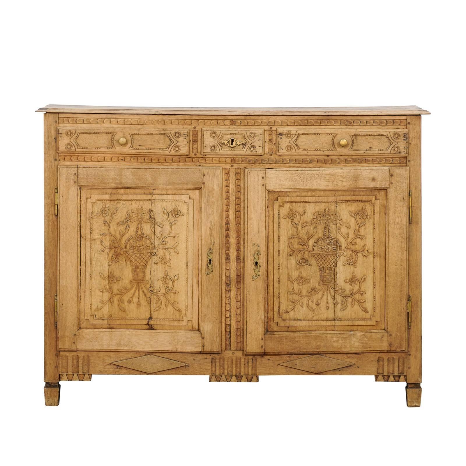 Louis XVI Style Stripped and Carved Oak Buffet, From Belgium, Mid-19th Century