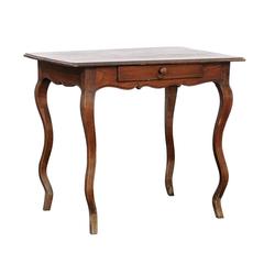 French Wooden Side Table with Single Drawer and Wavy Legs, circa 1900