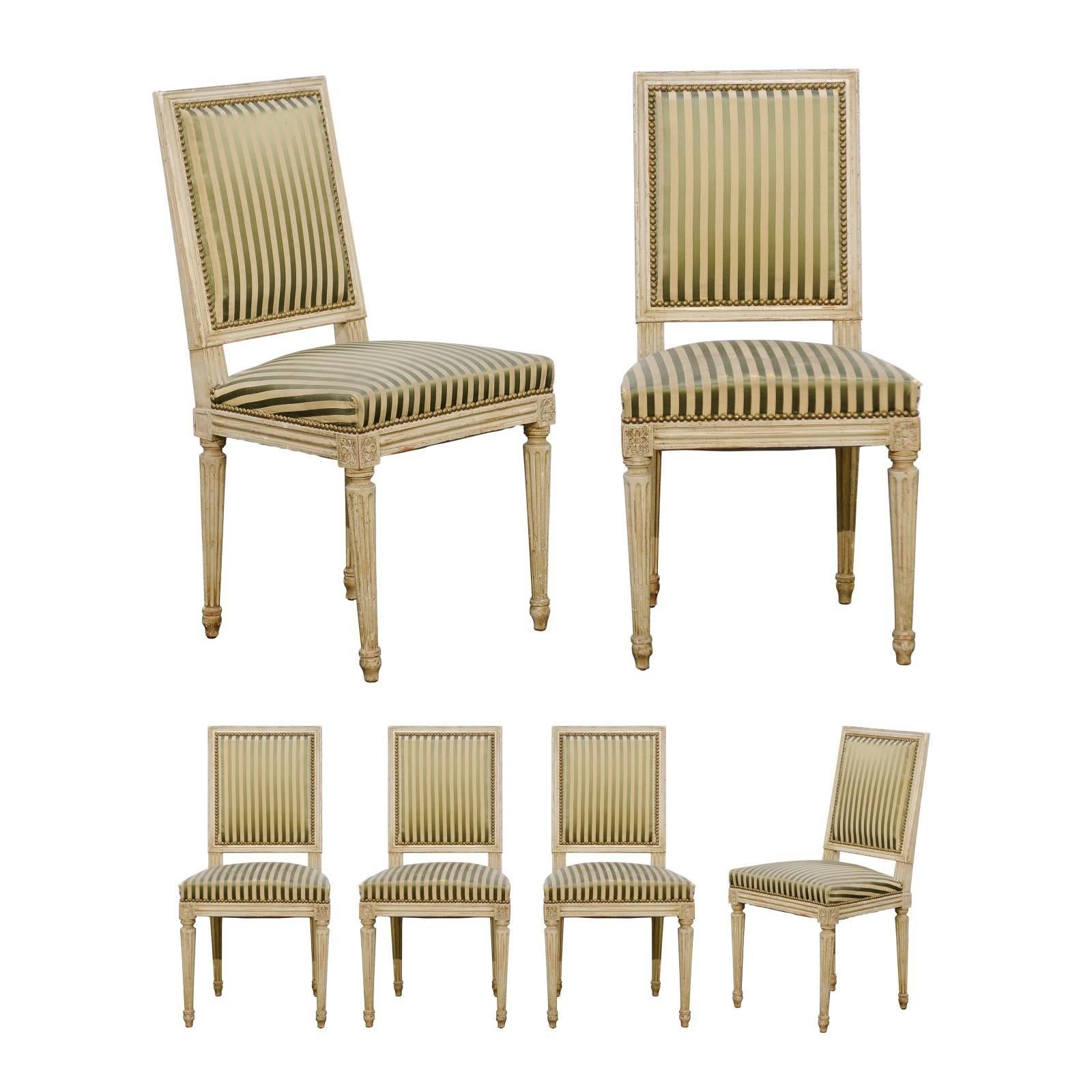 Set of Six French Louis XVI Style Painted Wood Dining Chairs, circa 1900