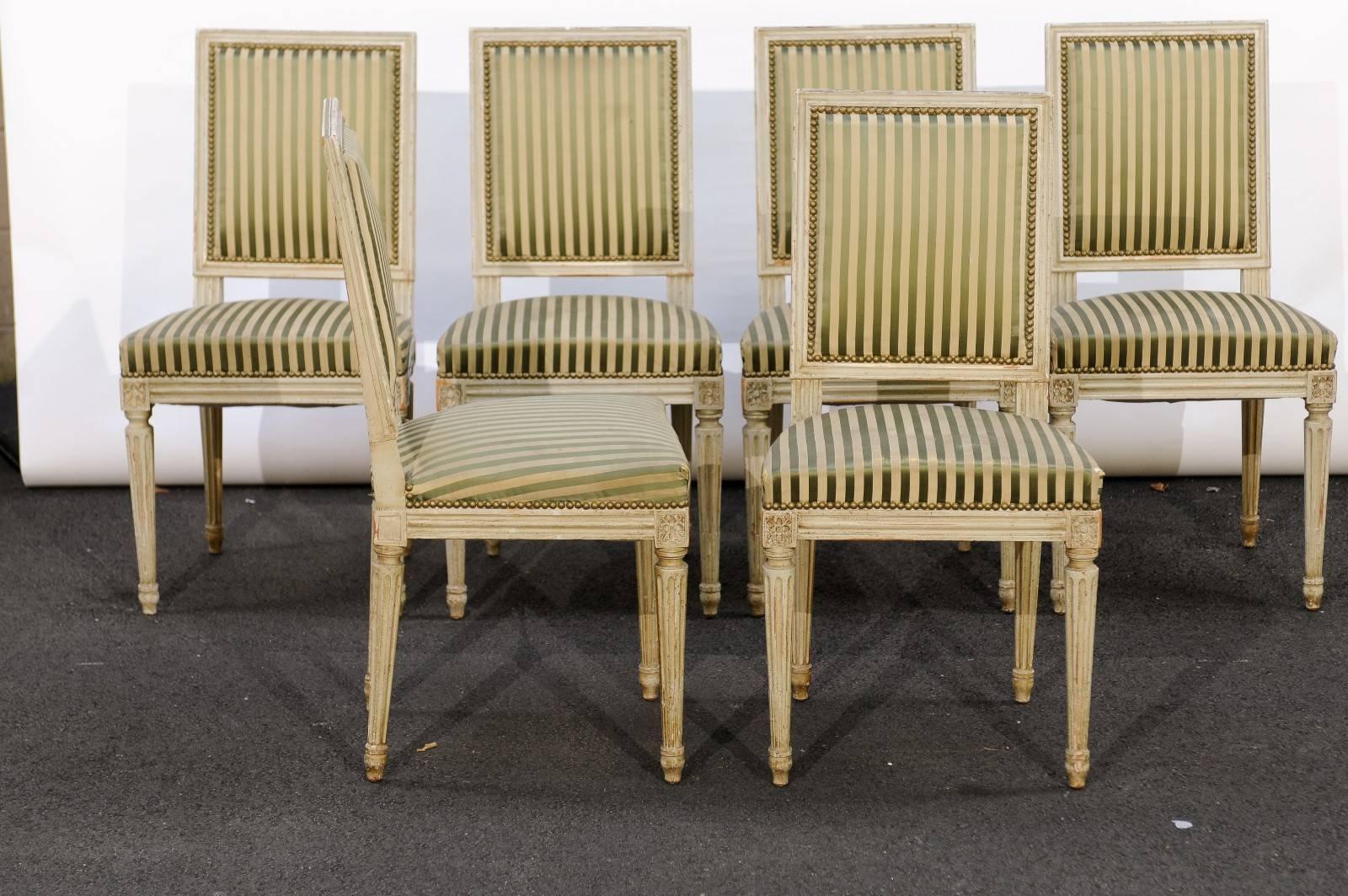 20th Century Set of Six French Louis XVI Style Painted Wood Dining Chairs, circa 1900