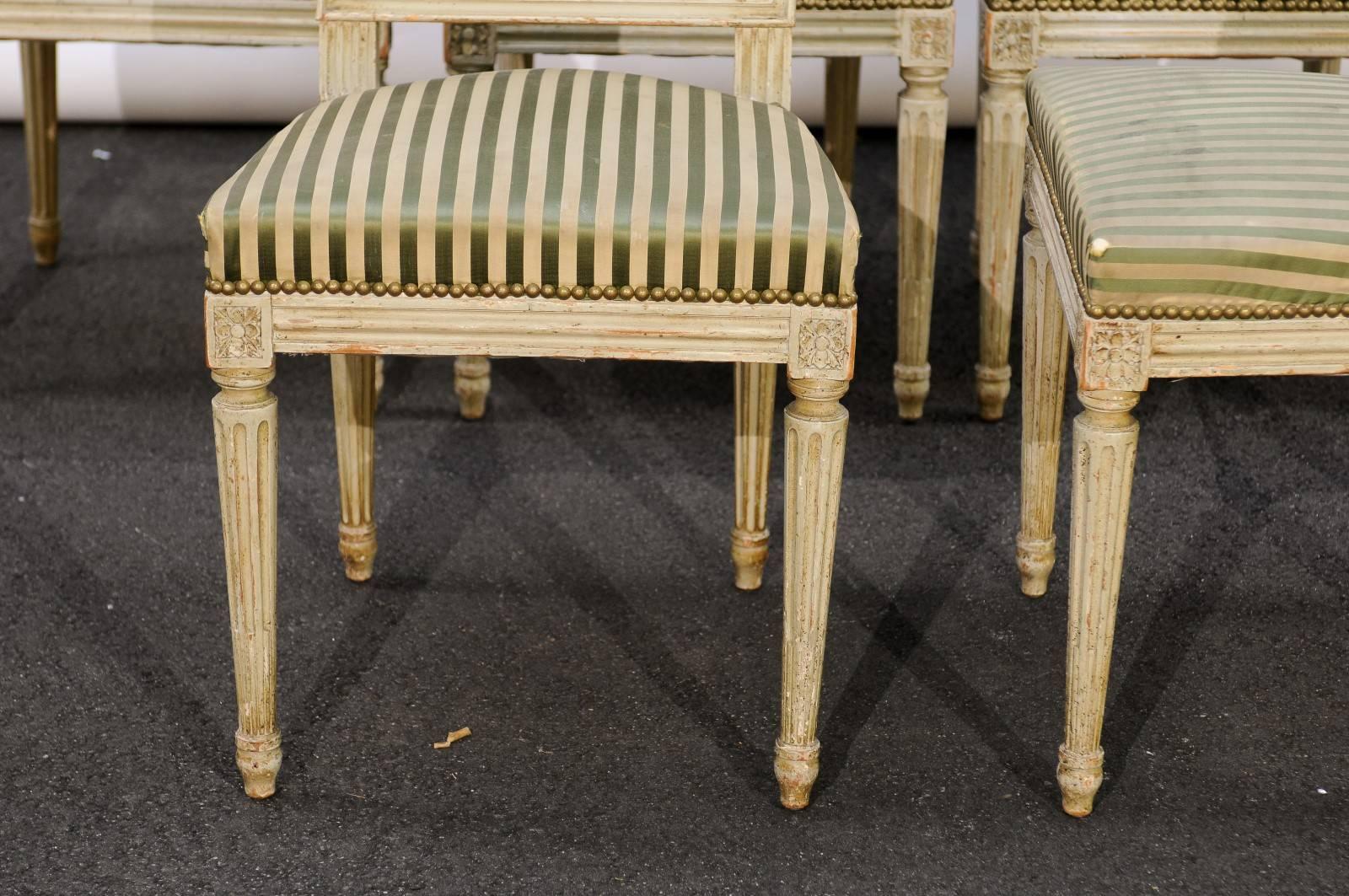 Silk Set of Six French Louis XVI Style Painted Wood Dining Chairs, circa 1900