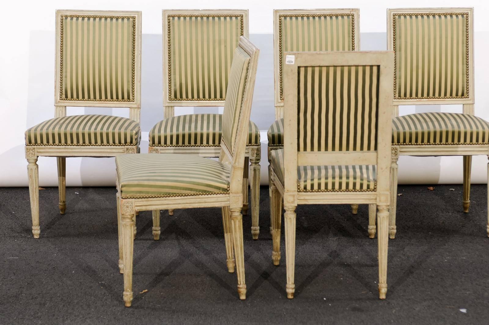 Set of Six French Louis XVI Style Painted Wood Dining Chairs, circa 1900 1