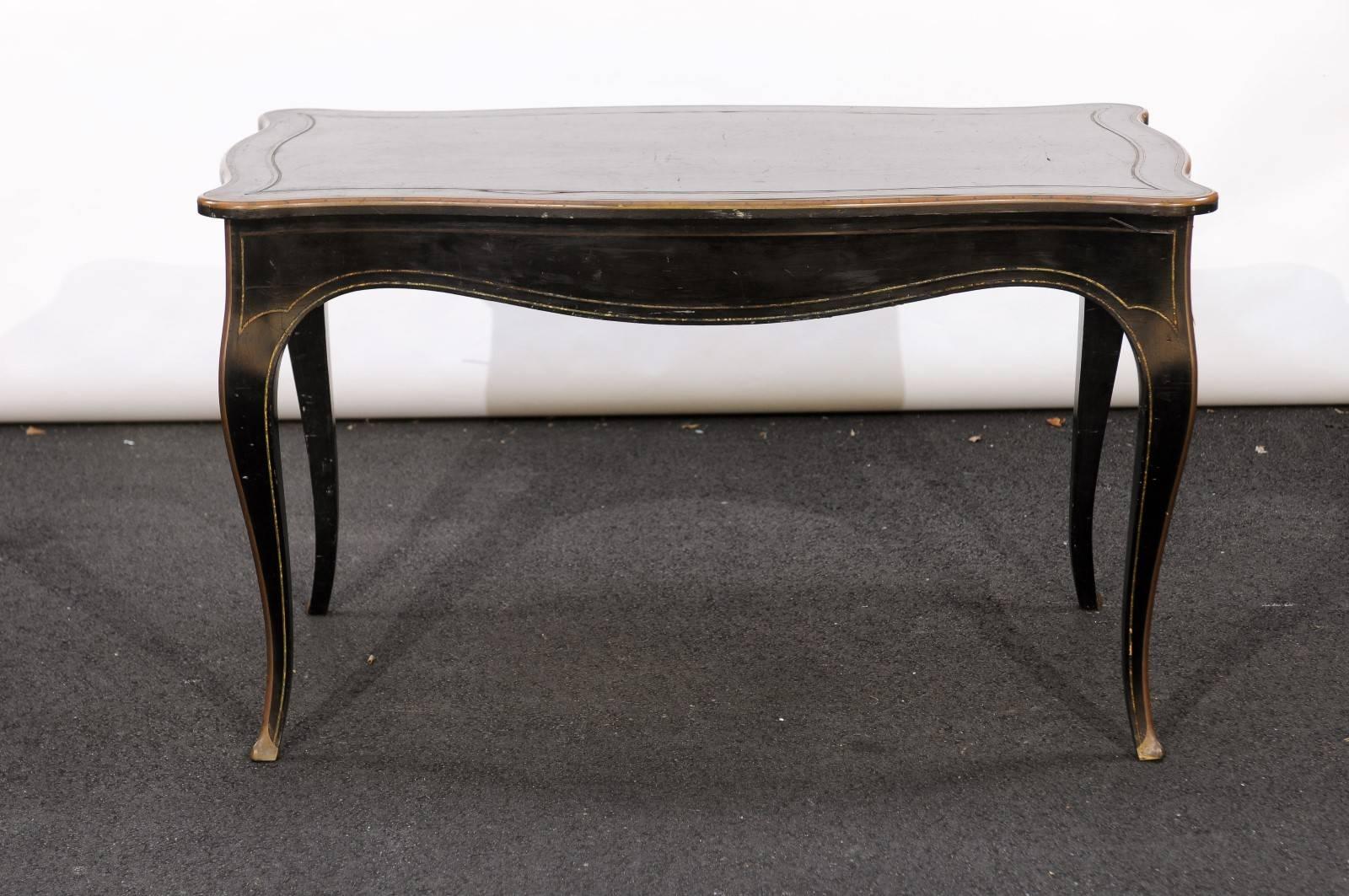 Ebonized French Napoleon III Style Writing Table with Gilded Accents and Cabriole Legs For Sale