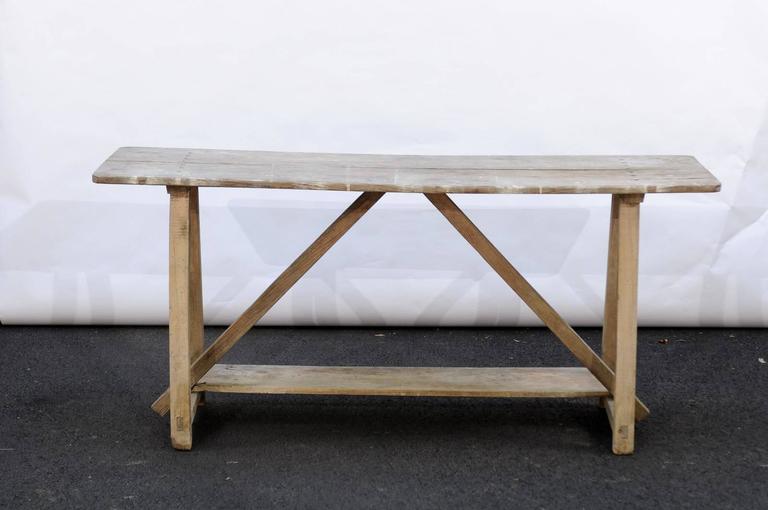 French Rustic Distressed Pine Console Table with Trestle Base and