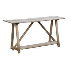 French Rustic Distressed Pine Console Table with Trestle Base and Bottom Shelf