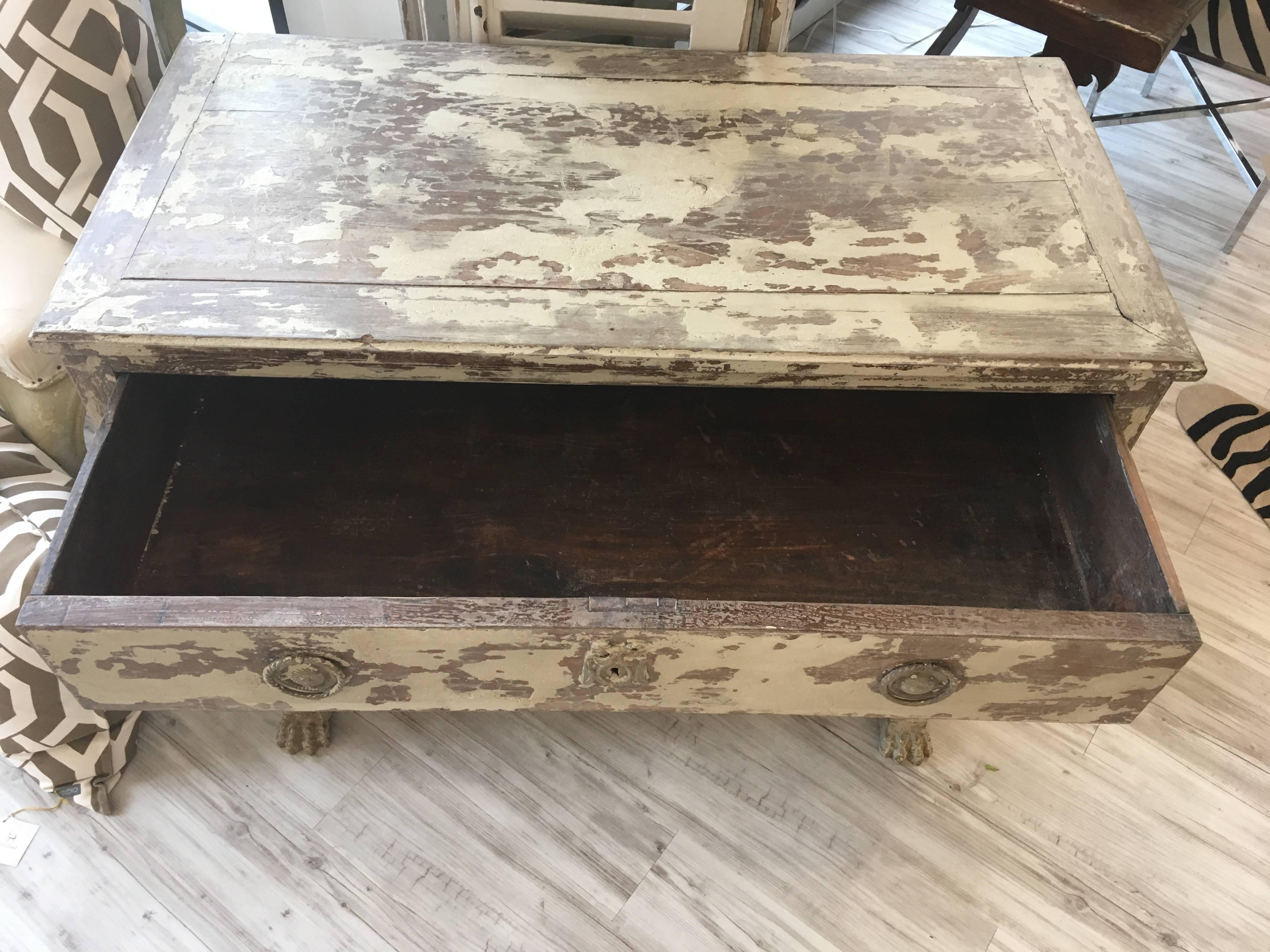 Painted French Distressed Paint Three-Drawer Commode with Lion Paw Feet and Ring Pulls