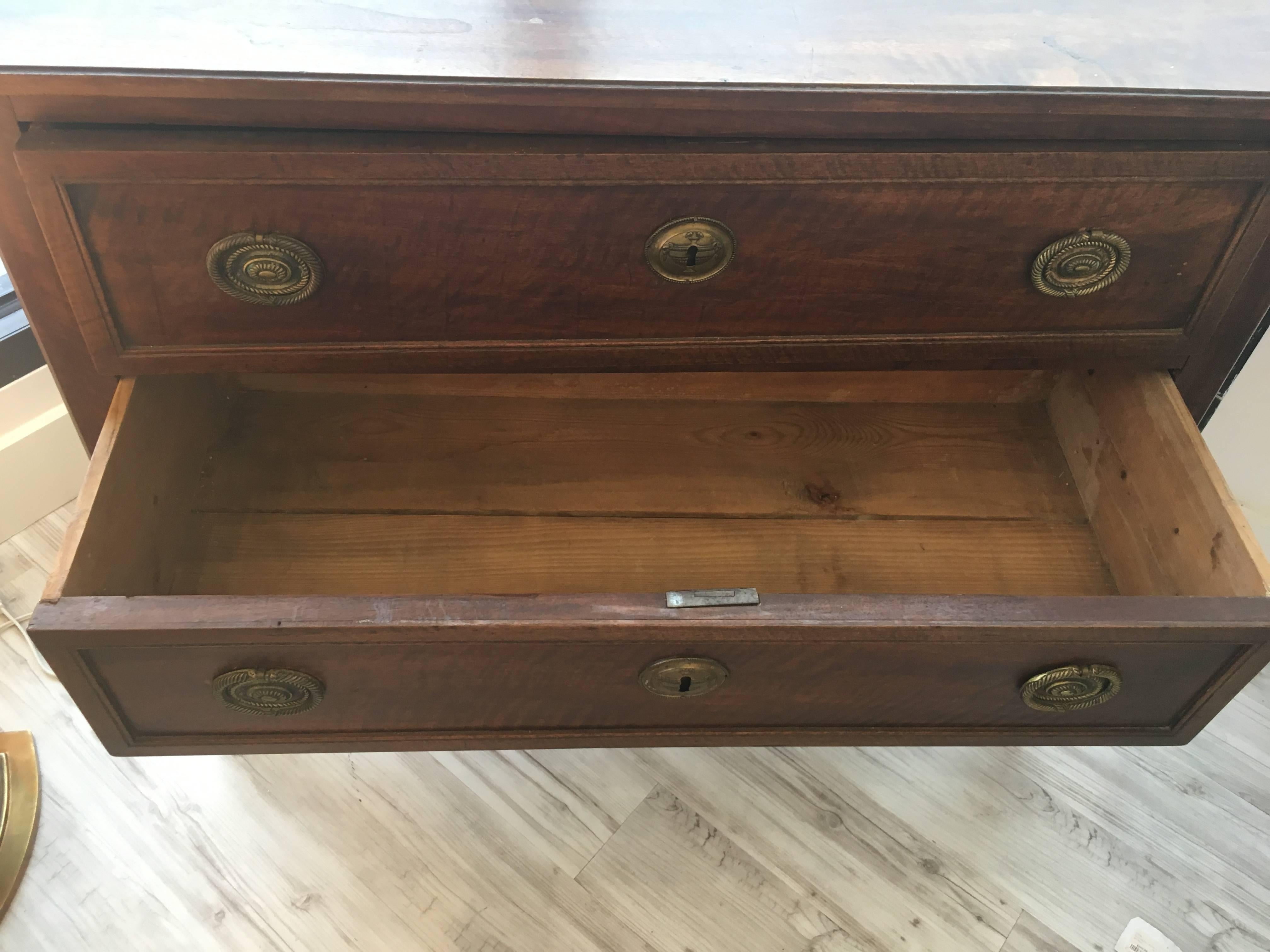 Brass French Louis XVI Style Walnut Commode Sauteuse with Two Drawers and Tapered Legs
