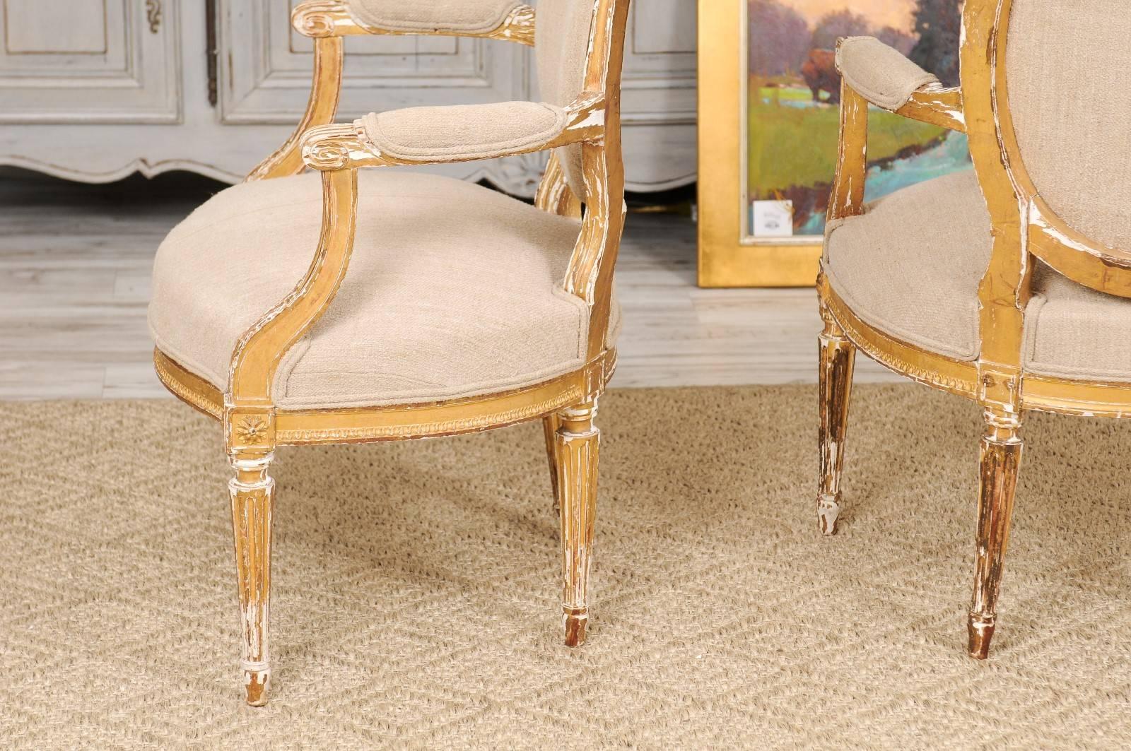 Pair of French Louis XVI Style Giltwood Fauteuils with Oval Backs with Linen 4
