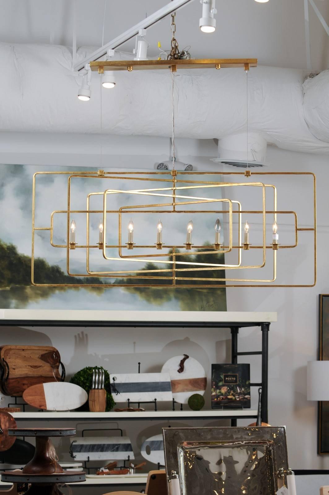 American Gilded Eight-Light Wrought-Iron Chandelier with Multiple Layered Rectangles