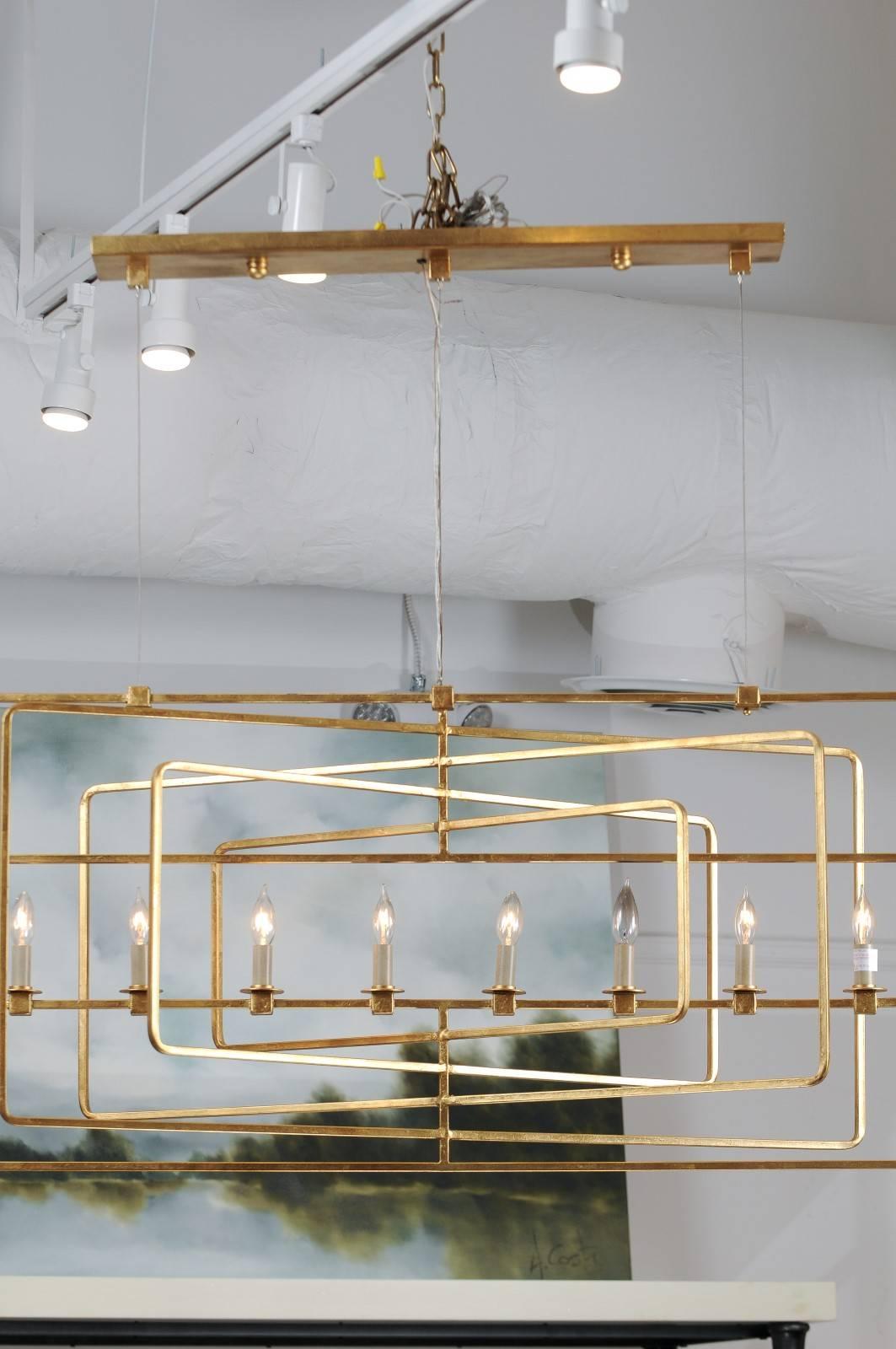Gilt Gilded Eight-Light Wrought-Iron Chandelier with Multiple Layered Rectangles