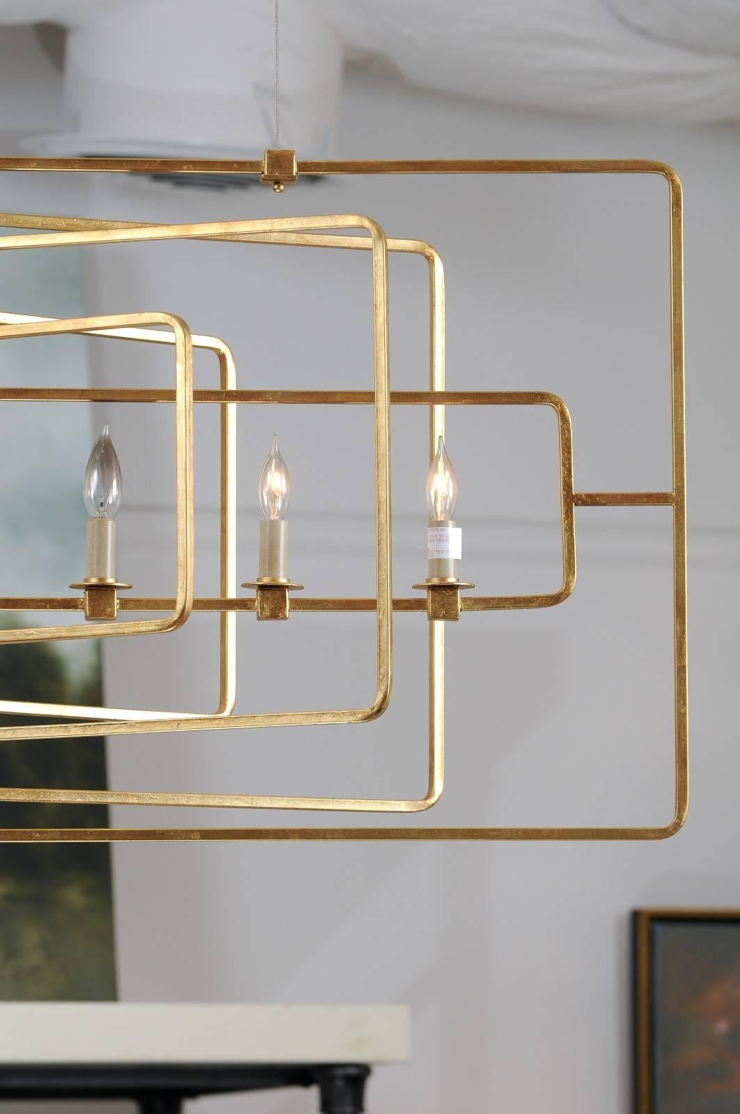Gilded Eight-Light Wrought-Iron Chandelier with Multiple Layered Rectangles In Excellent Condition In Atlanta, GA