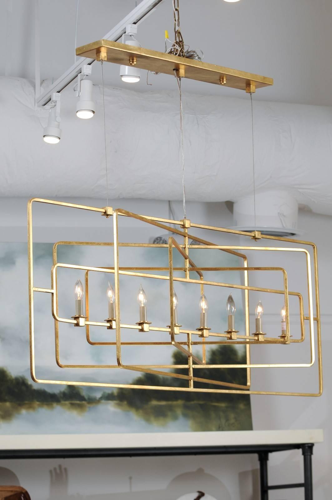 Contemporary Gilded Eight-Light Wrought-Iron Chandelier with Multiple Layered Rectangles