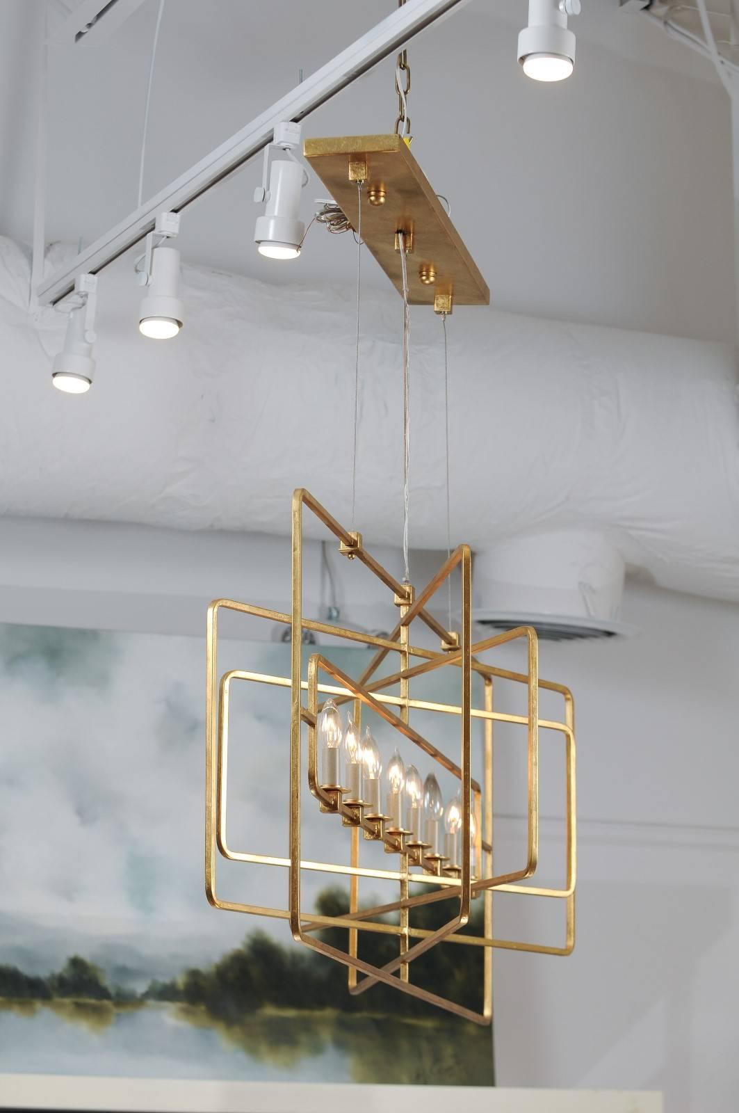 Wrought Iron Gilded Eight-Light Wrought-Iron Chandelier with Multiple Layered Rectangles
